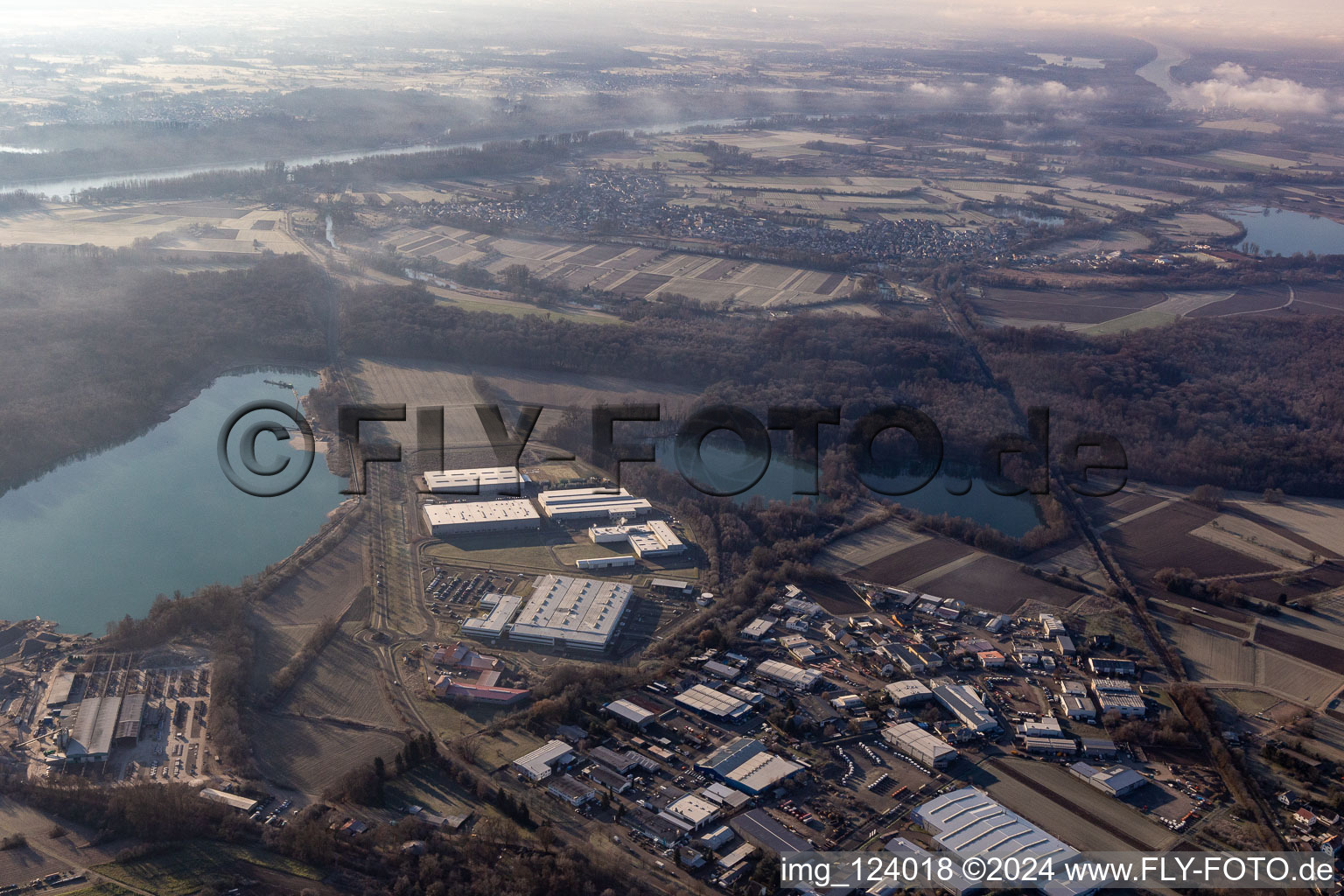 Aerial view of Industrial and commercial area with Faurecia, Groke Tueren, Linde+Wiemann and Noblesse in Hagenbach in the state Rhineland-Palatinate, Germany