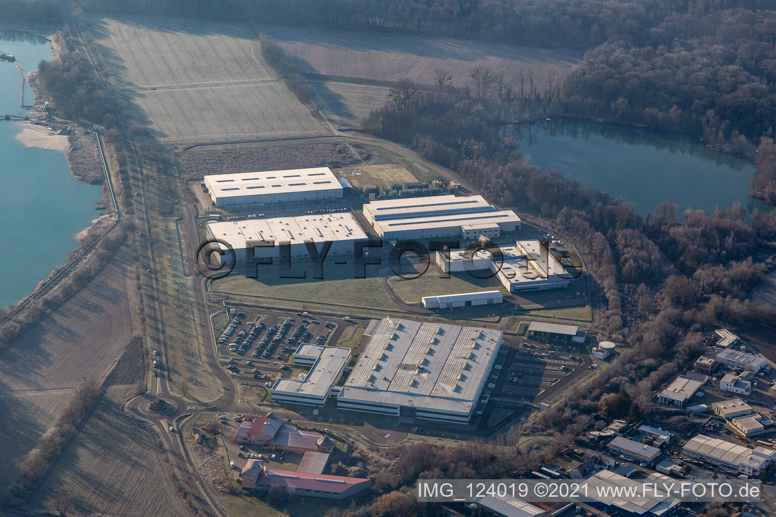 Aerial photograpy of Industrial and commercial area with Faurecia, Groke Tueren, Linde+Wiemann and Noblesse in Hagenbach in the state Rhineland-Palatinate, Germany
