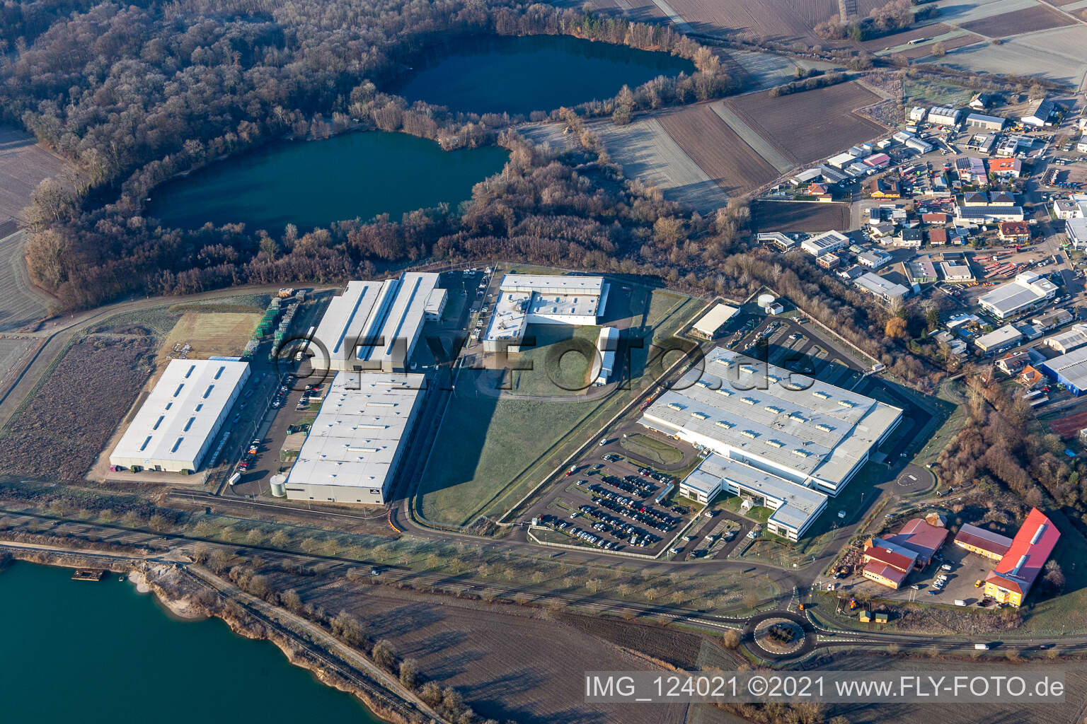 Industrial and commercial area with Faurecia, Linde+Wiemann in Hagenbach in the state Rhineland-Palatinate, Germany