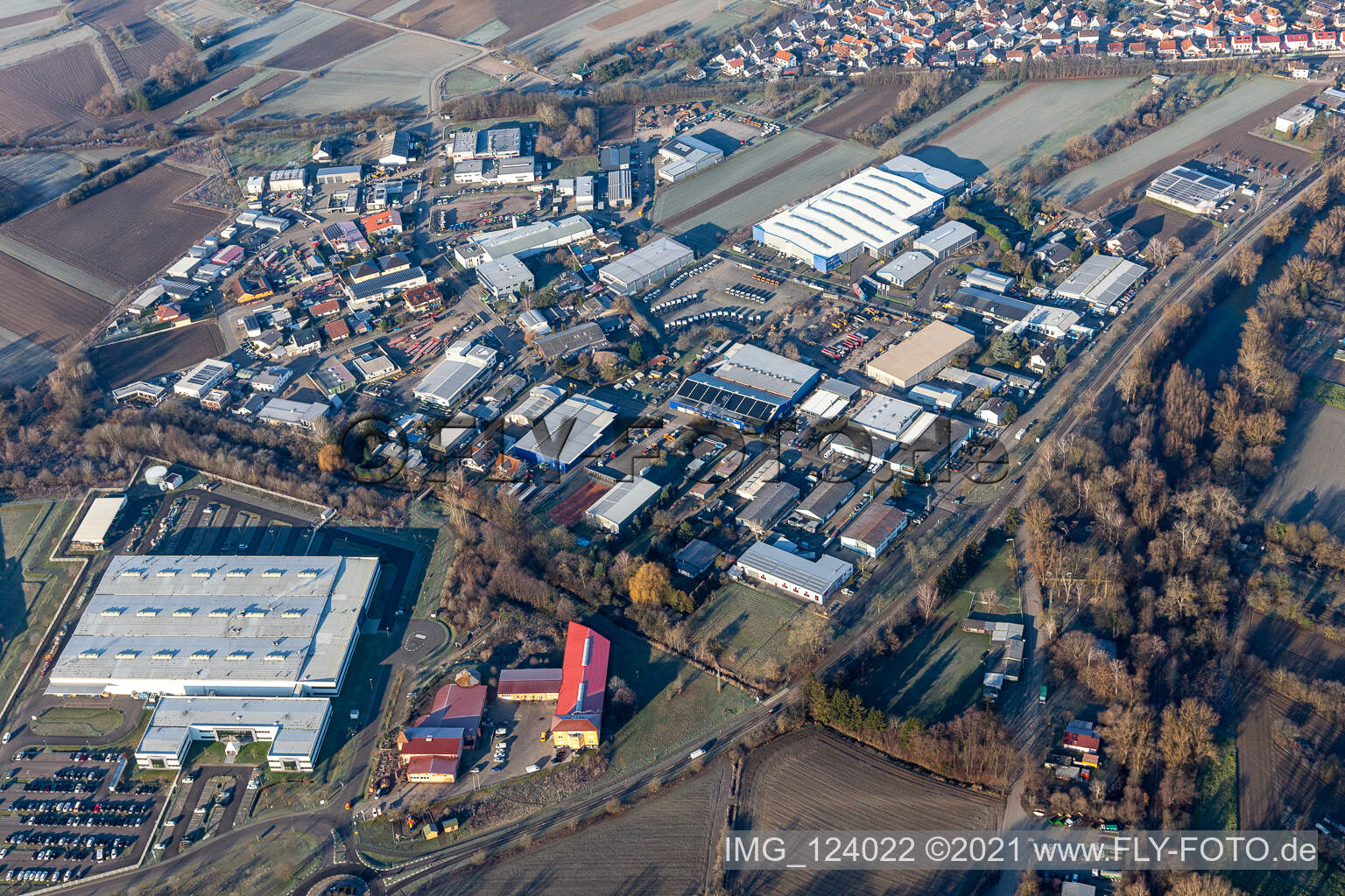 Aerial view of Industrial and commercial area with Faurecia, Linde+Wiemann in Hagenbach in the state Rhineland-Palatinate, Germany