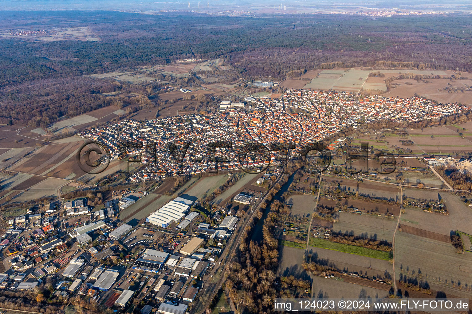 Aerial photograpy of Industrial and commercial area with Faurecia, Linde+Wiemann in Hagenbach in the state Rhineland-Palatinate, Germany