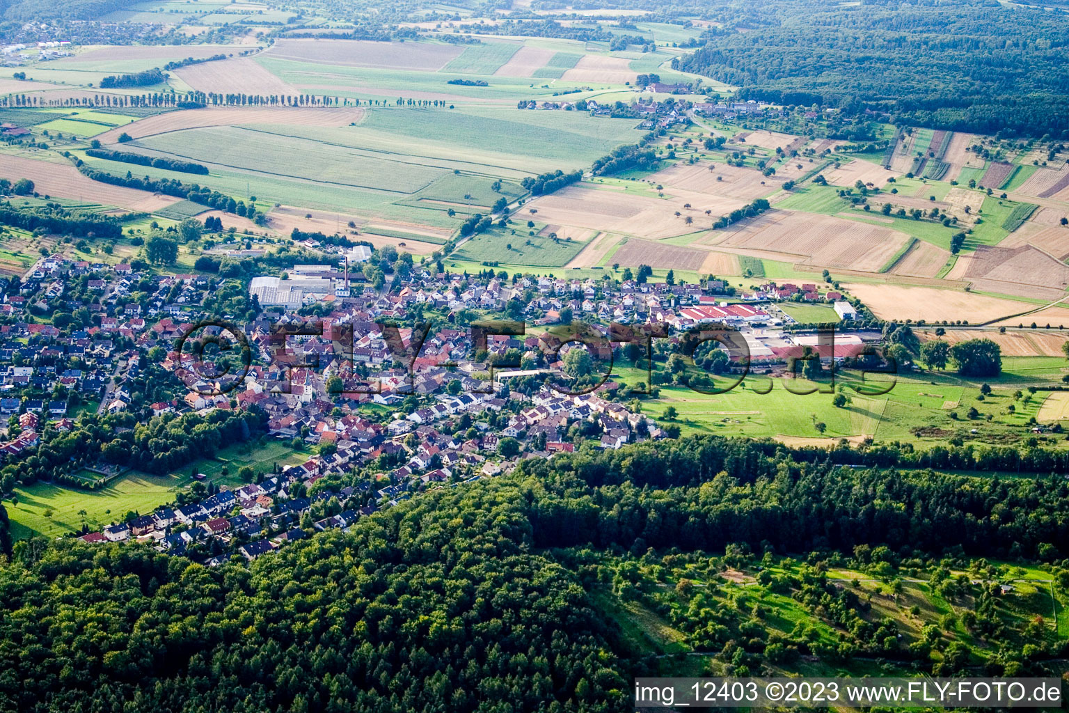 Aerial view of From the south in the district Stupferich in Karlsruhe in the state Baden-Wuerttemberg, Germany