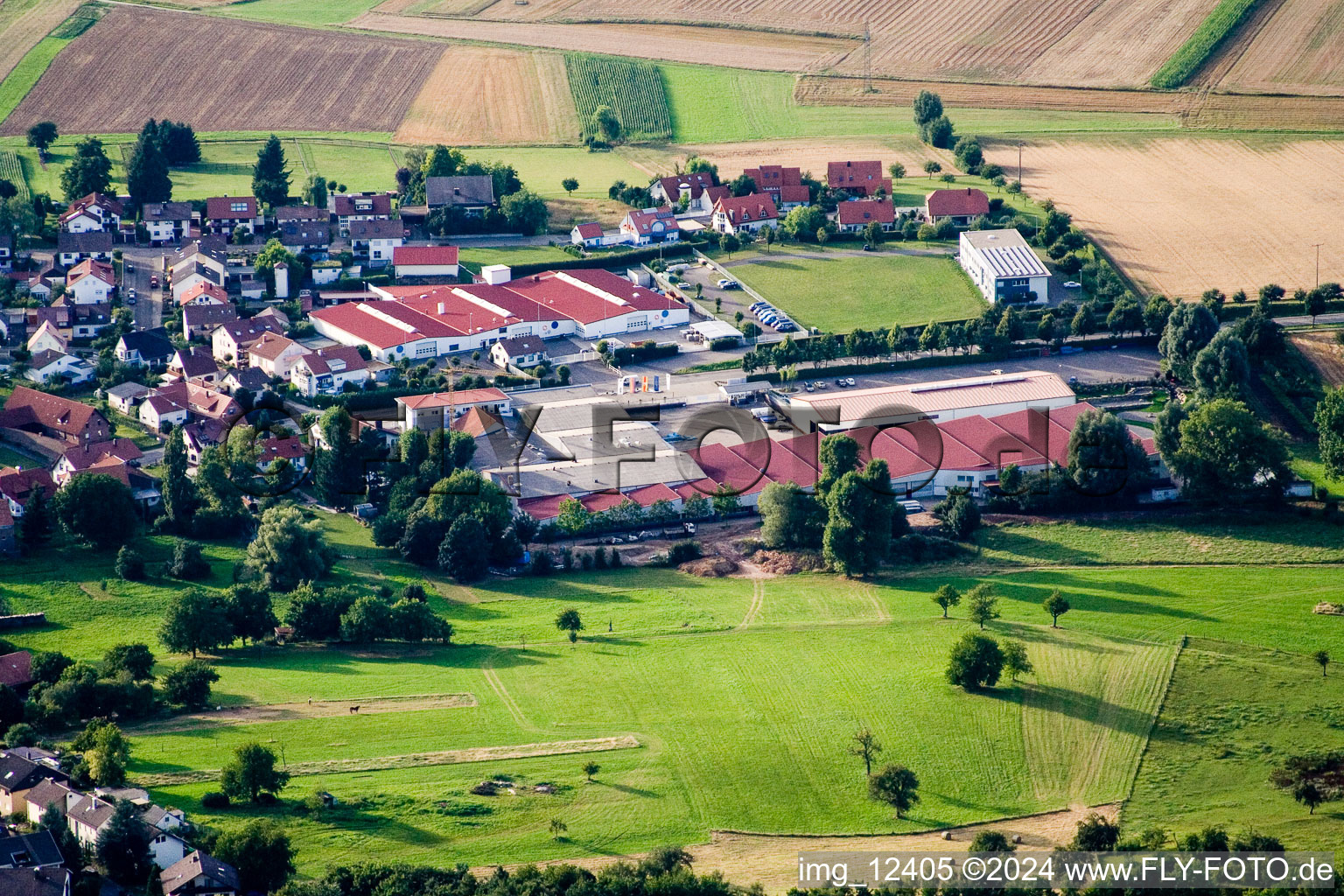 Aerial view of Vogelsitze GmbH, Kleinsteinbacherstrasse 44 in the district Stupferich in Karlsruhe in the state Baden-Wuerttemberg, Germany