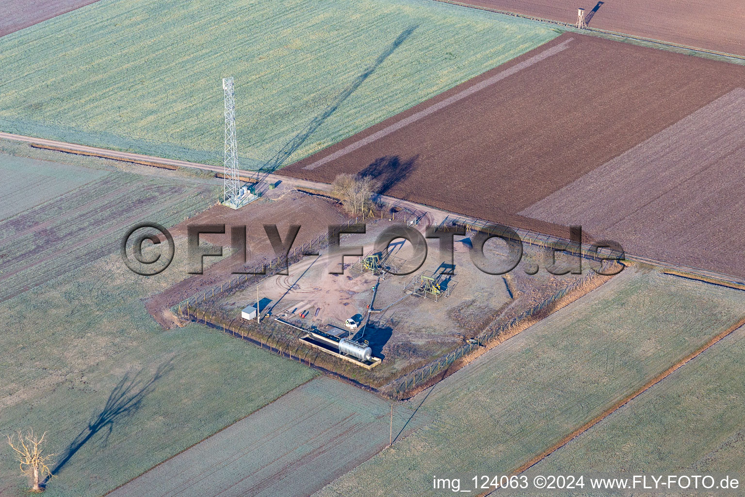 Aerial photograpy of Tank and feed pump for oil production in the Rhine plain in Niederlauterbach in Grand Est, France