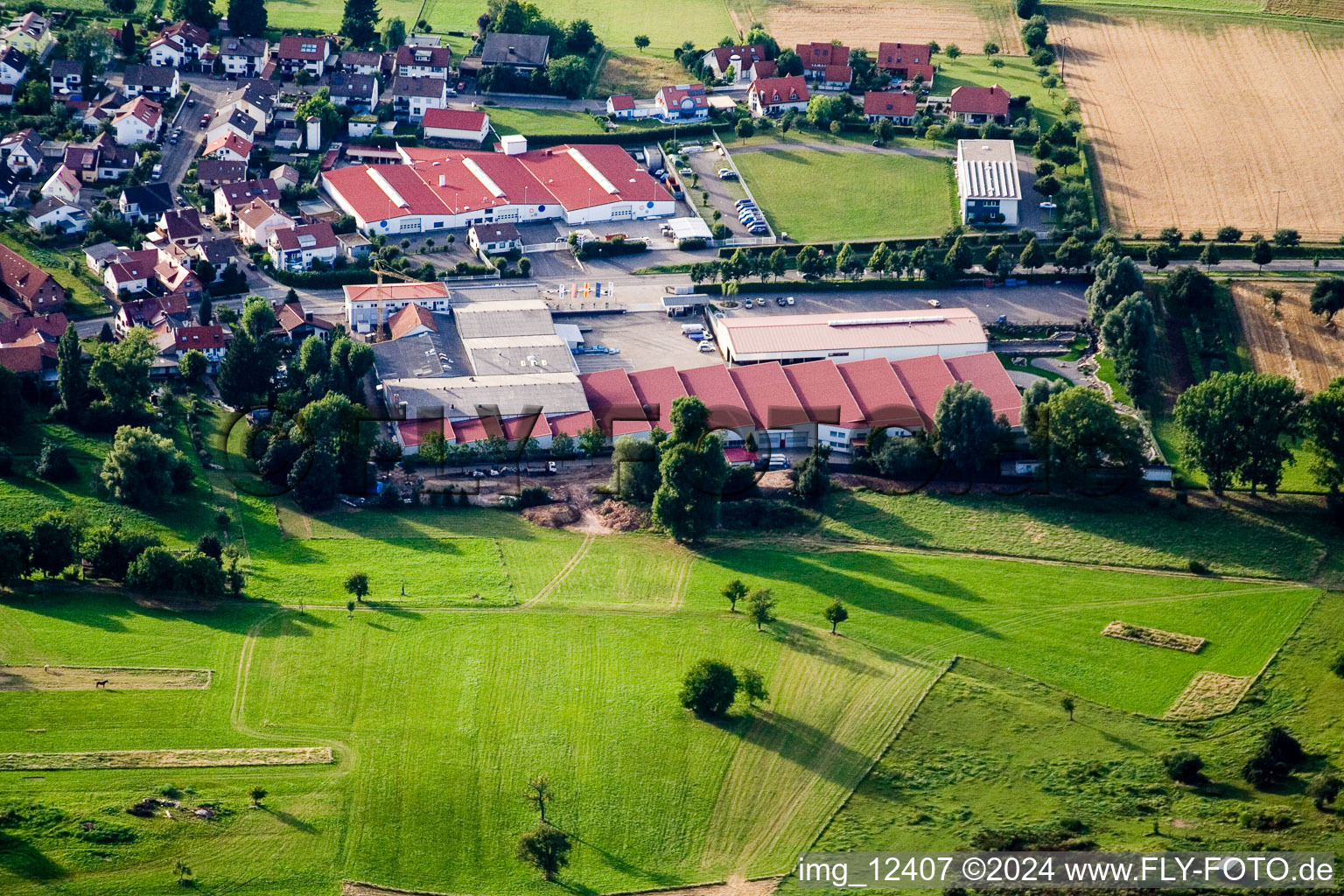 Oblique view of Vogelsitze GmbH, Kleinsteinbacherstrasse 44 in the district Stupferich in Karlsruhe in the state Baden-Wuerttemberg, Germany