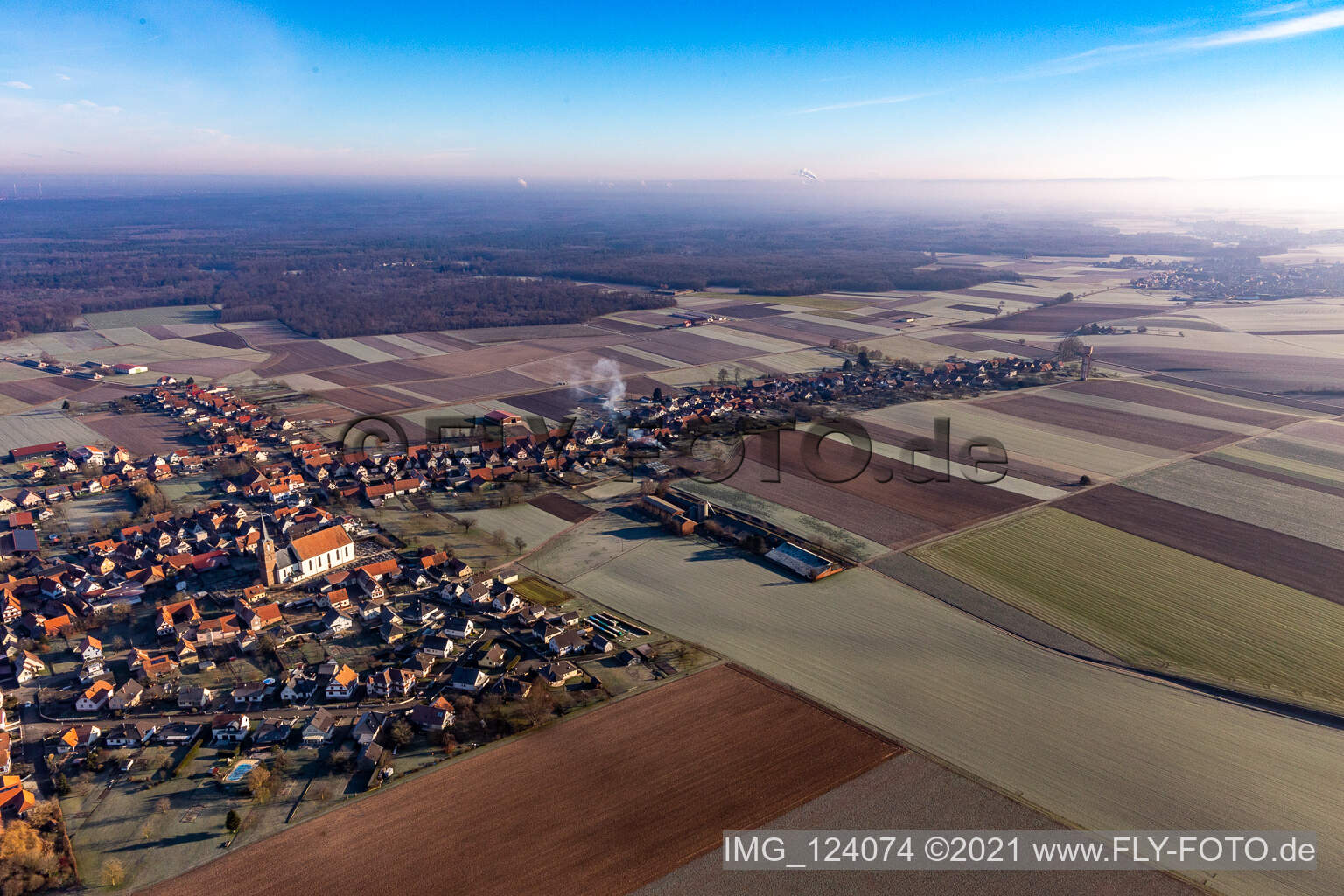 Aerial view of Longest Village in Alsace in Schleithal in Grand Est, France