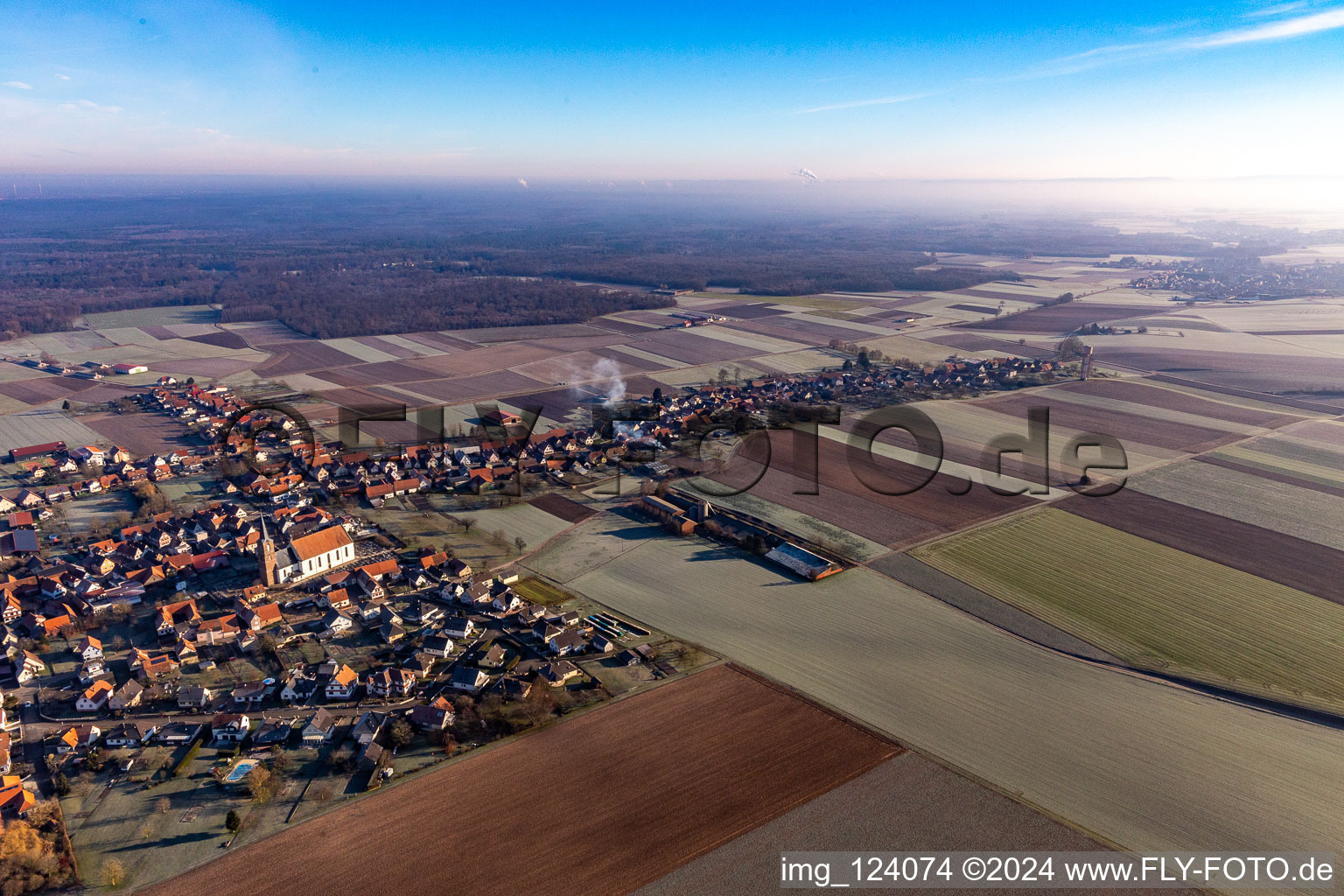 Aerial view of Longest Village in Alsace in Schleithal in Grand Est, France