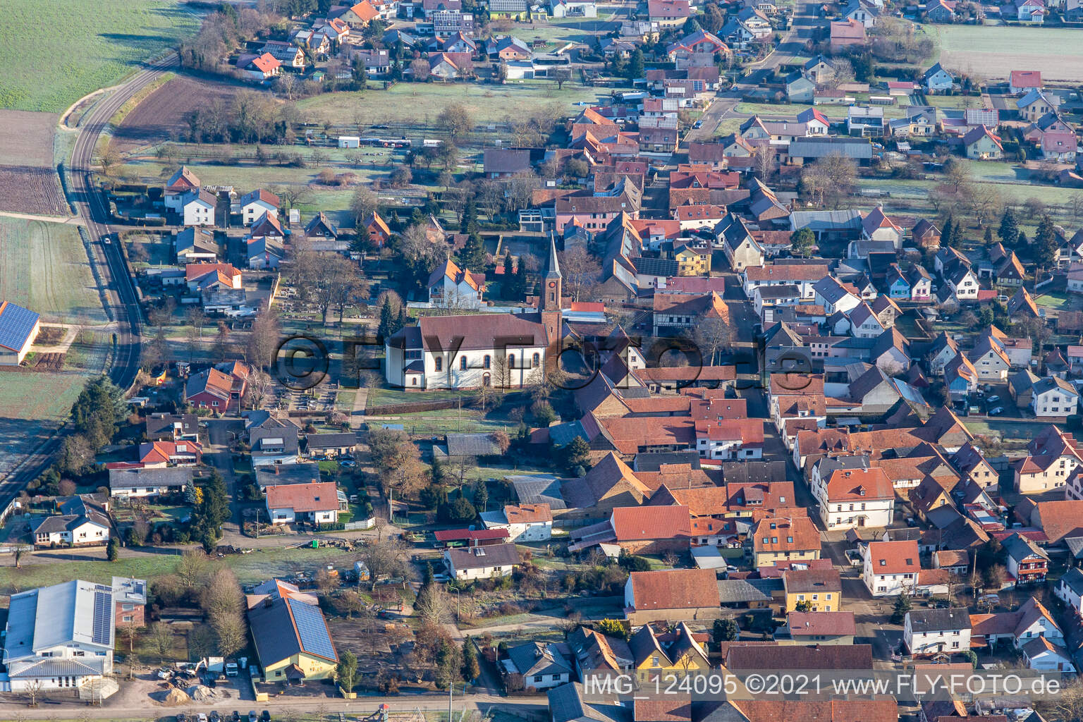 Aerial view of Parish Church of St. Ulrich in Kapsweyer in the state Rhineland-Palatinate, Germany