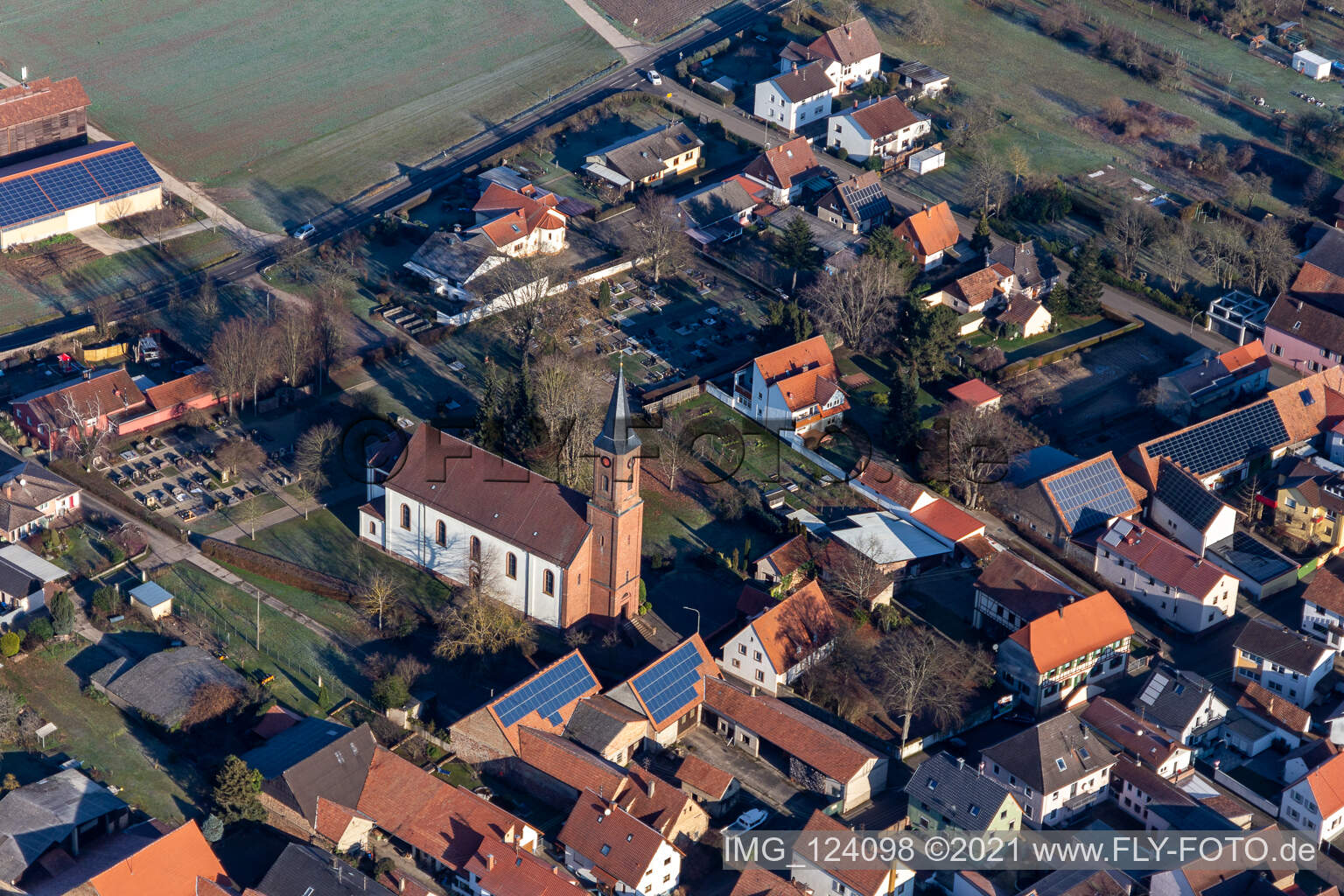 Aerial photograpy of Parish Church of St. Ulrich in Kapsweyer in the state Rhineland-Palatinate, Germany