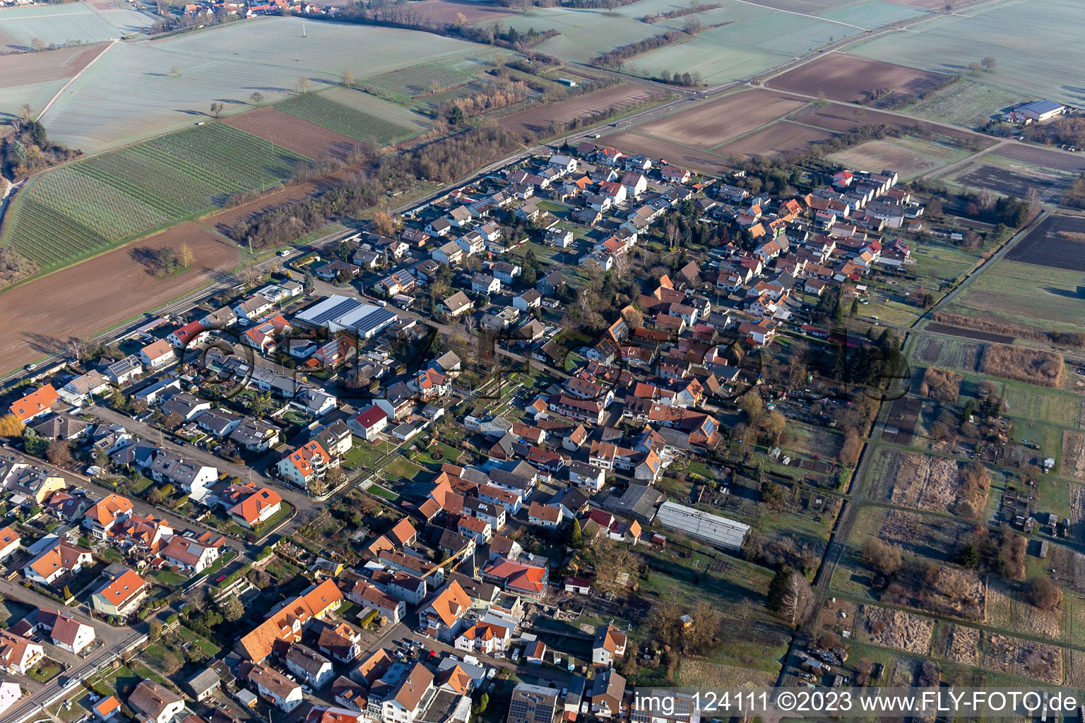 Aerial view of Untere Hauptstrasse, Guttenbergstrasse and Wasgaustrasse in Steinfeld in the state Rhineland-Palatinate, Germany