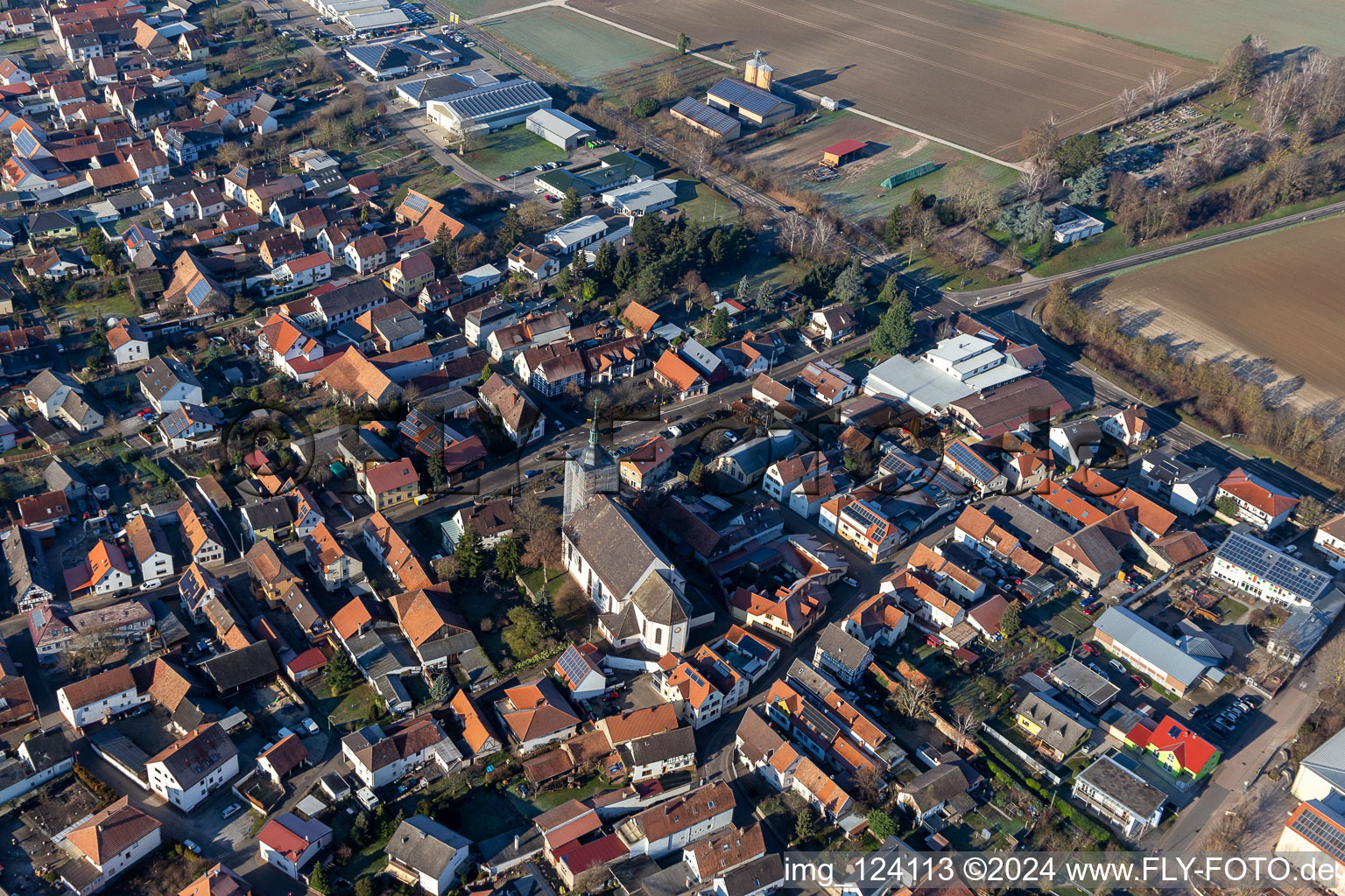 Aerial view of Catholic Church of St. Leodegar in Steinfeld in the state Rhineland-Palatinate, Germany