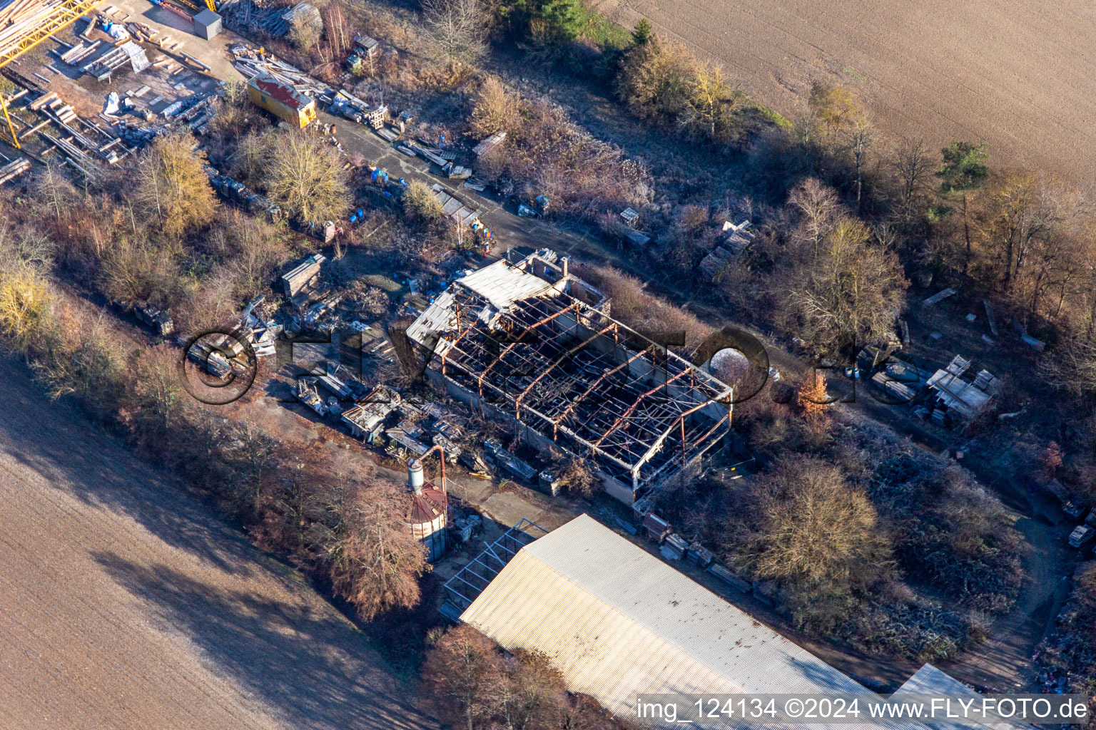 Aerial view of Burnt down hall in the district Schaidt in Wörth am Rhein in the state Rhineland-Palatinate, Germany