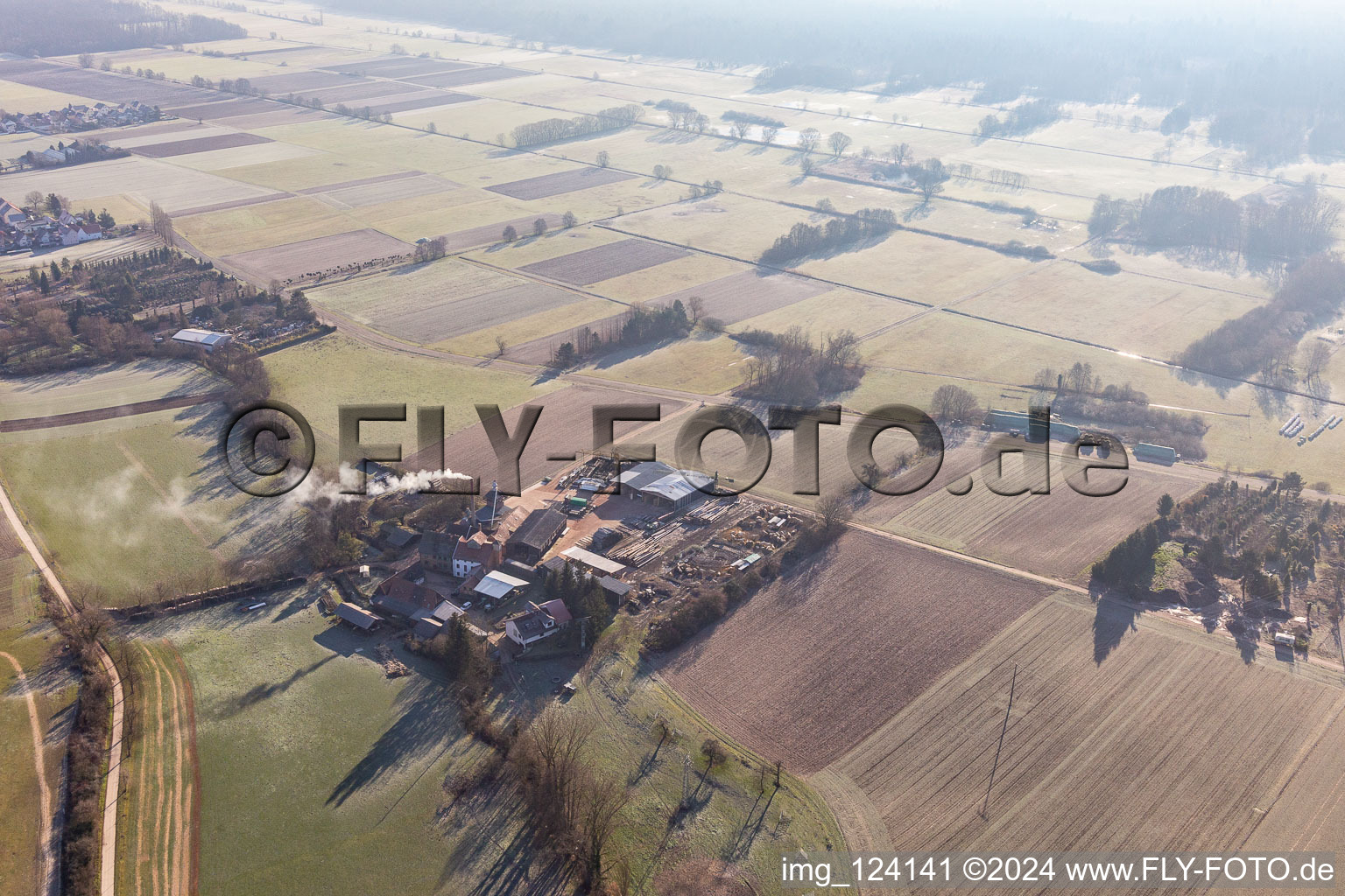 Aerial view of Orth woodworks with burnt down hall in the district Schaidt in Wörth am Rhein in the state Rhineland-Palatinate, Germany