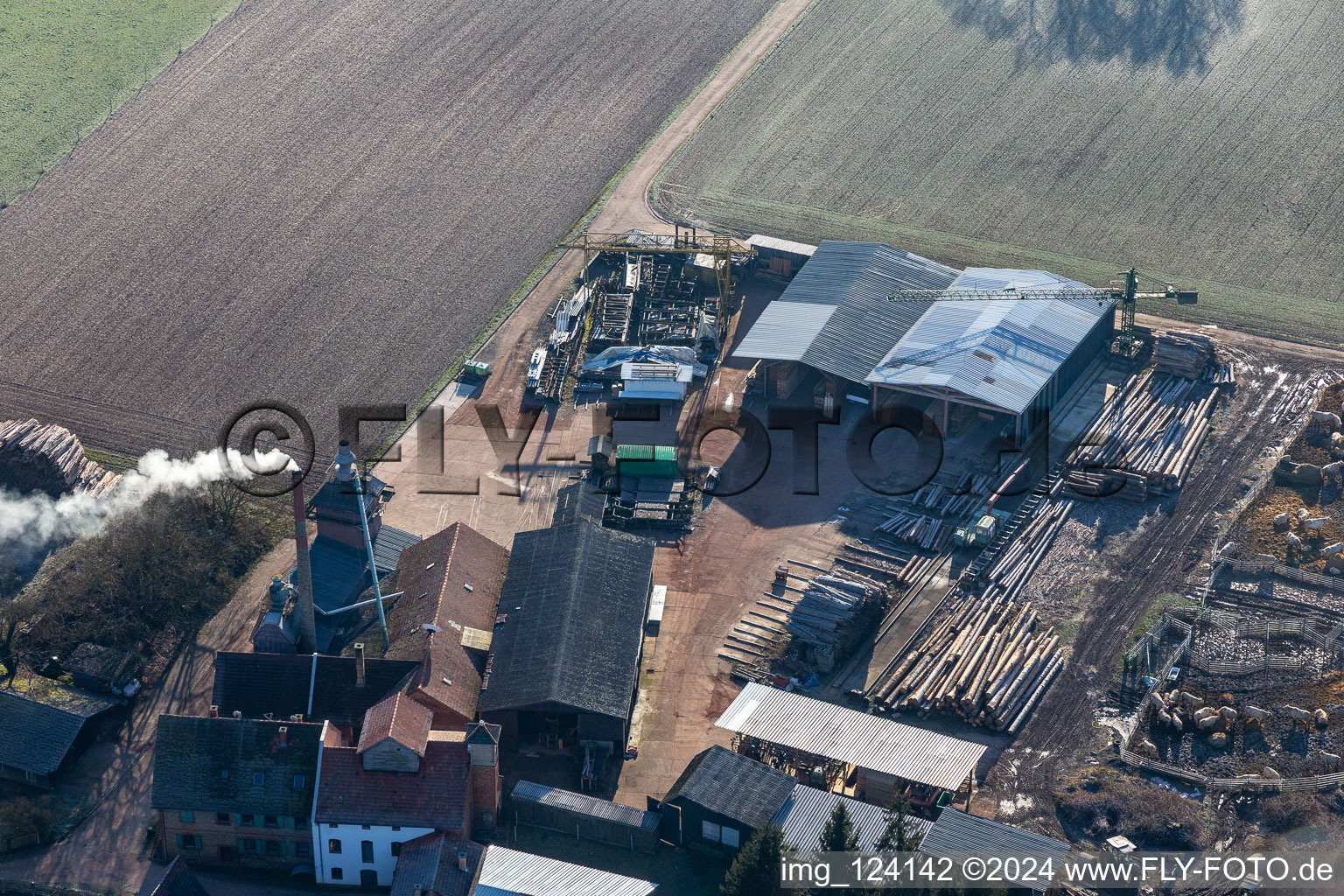 Aerial photograpy of Orth woodworks with burnt down hall in the district Schaidt in Wörth am Rhein in the state Rhineland-Palatinate, Germany