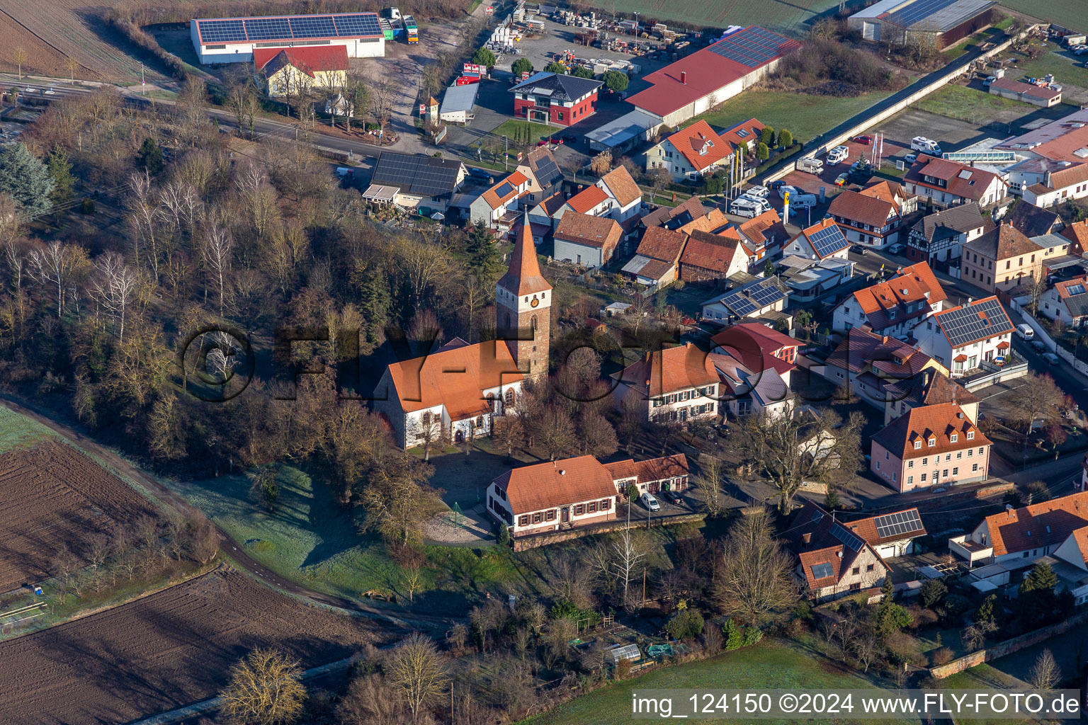 Aerial view of Protestant Church in Minfeld in the state Rhineland-Palatinate, Germany