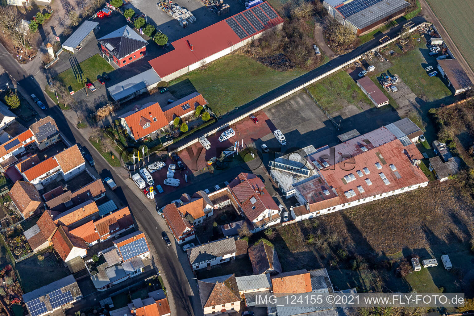 Aerial view of Frey car dealership in Minfeld in the state Rhineland-Palatinate, Germany