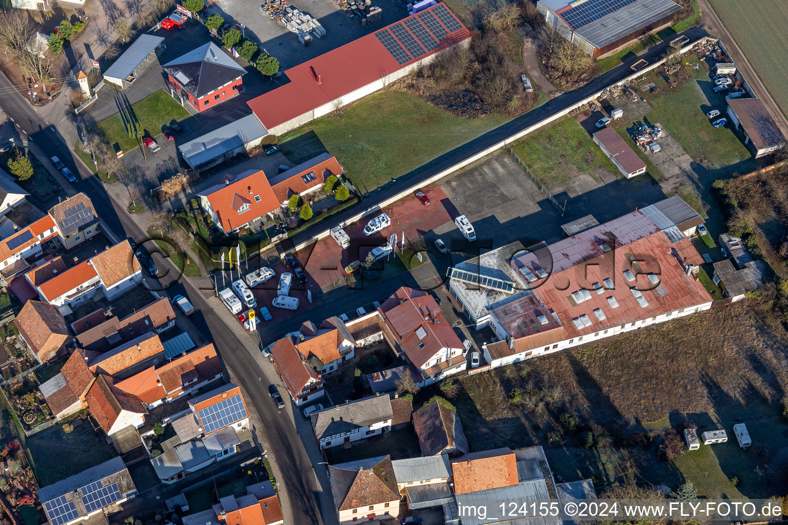 Aerial view of Car dealership Frey in Minfeld in the state Rhineland-Palatinate, Germany