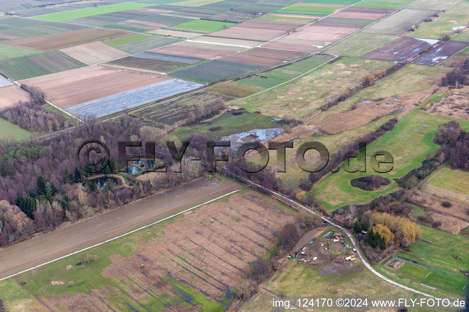 Aerial view of Billigheimer Bruch, flooded biotope at the Flutgraben/Erlenbach in Barbelroth in the state Rhineland-Palatinate, Germany