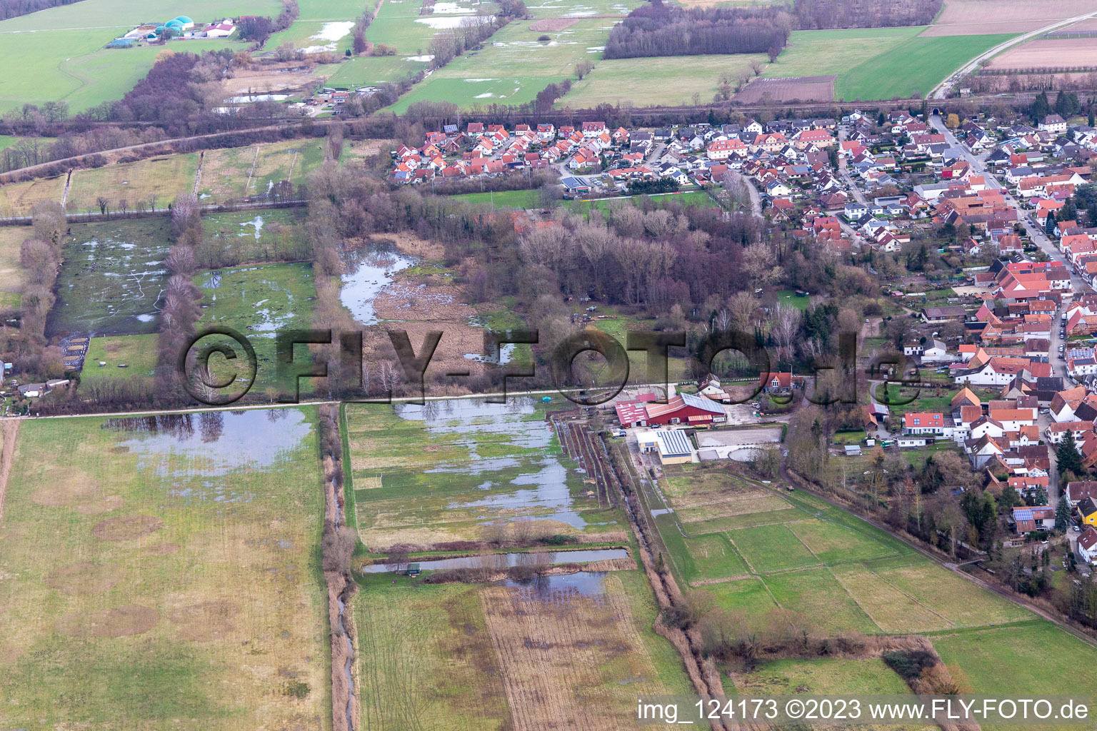 Aerial view of Flooded flood ditch/Erlenbach at the washing mill in Billigheim-Ingenheim in the state Rhineland-Palatinate, Germany