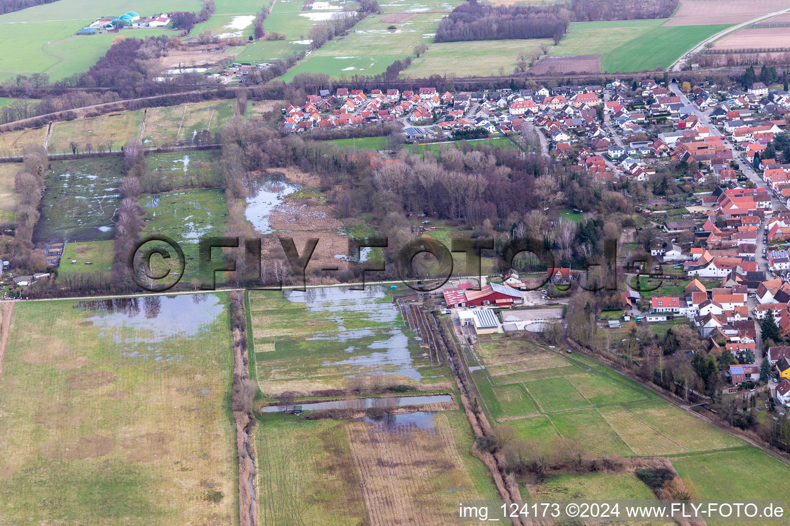 Aerial view of Flooded flood ditch/Erlenbach at the Waschmühle in Billigheim-Ingenheim in the state Rhineland-Palatinate, Germany