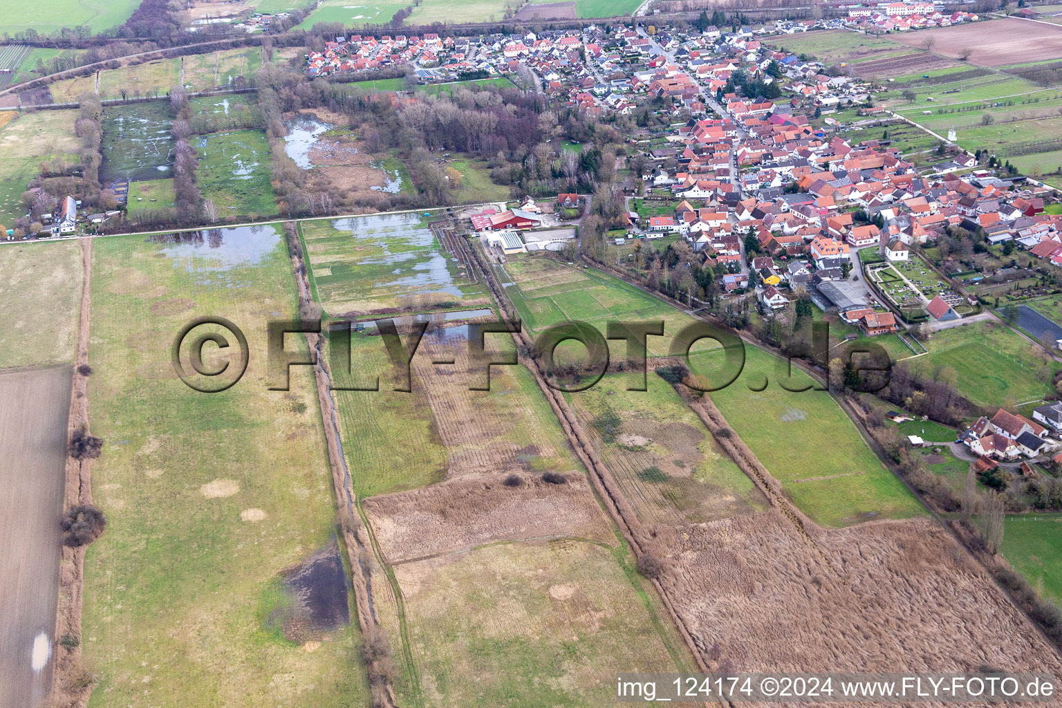 Flooded flood ditch/Erlenbach at the washing mill in the district Mühlhofen in Billigheim-Ingenheim in the state Rhineland-Palatinate, Germany