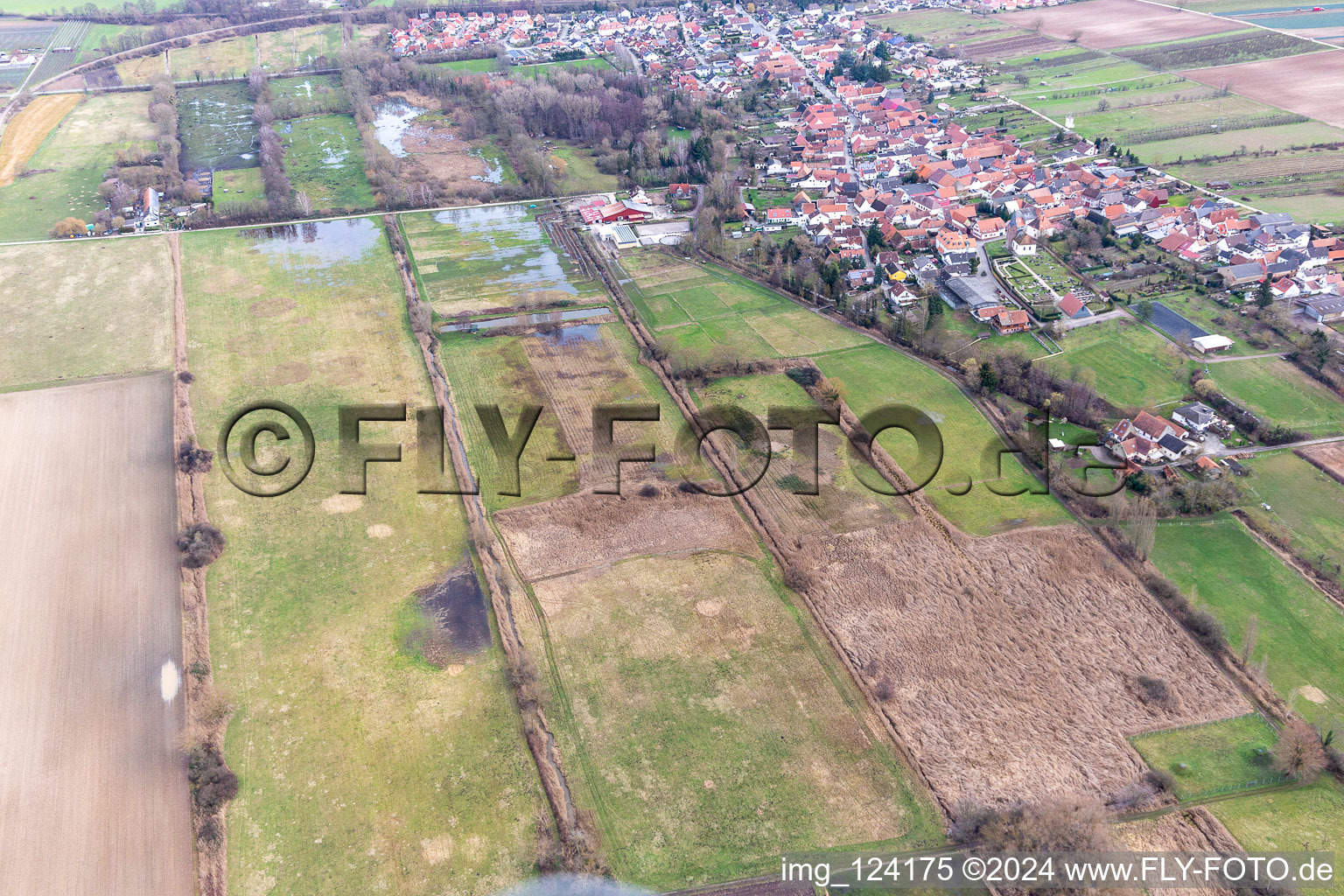 Aerial view of Flooded flood ditch/Erlenbach at the Waschmühle in the district Mühlhofen in Billigheim-Ingenheim in the state Rhineland-Palatinate, Germany