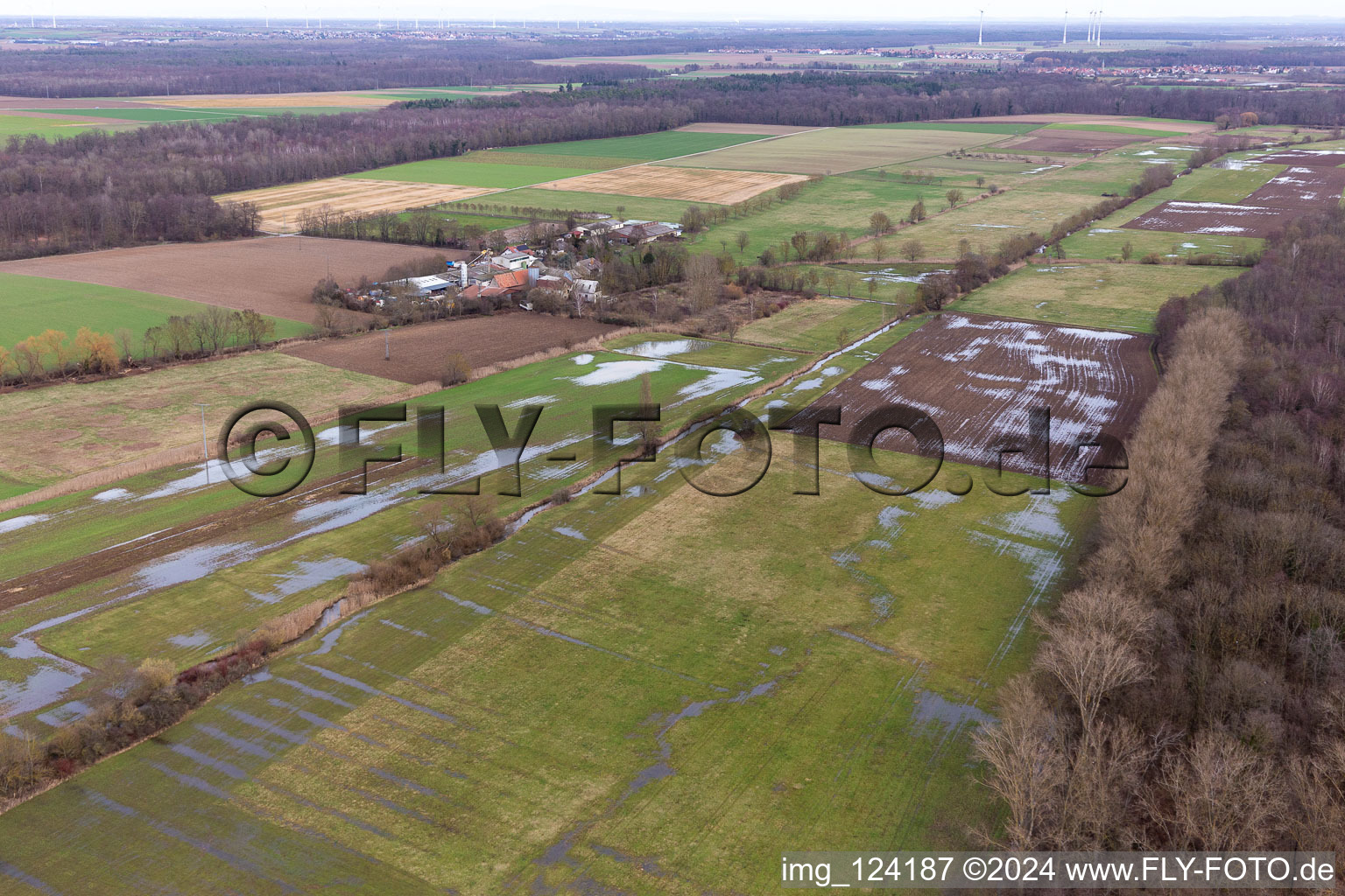 Aerial photograpy of Flooded Bruchgraben, Buschurgraben, Flutgraben, Erlenbach in Steinweiler in the state Rhineland-Palatinate, Germany