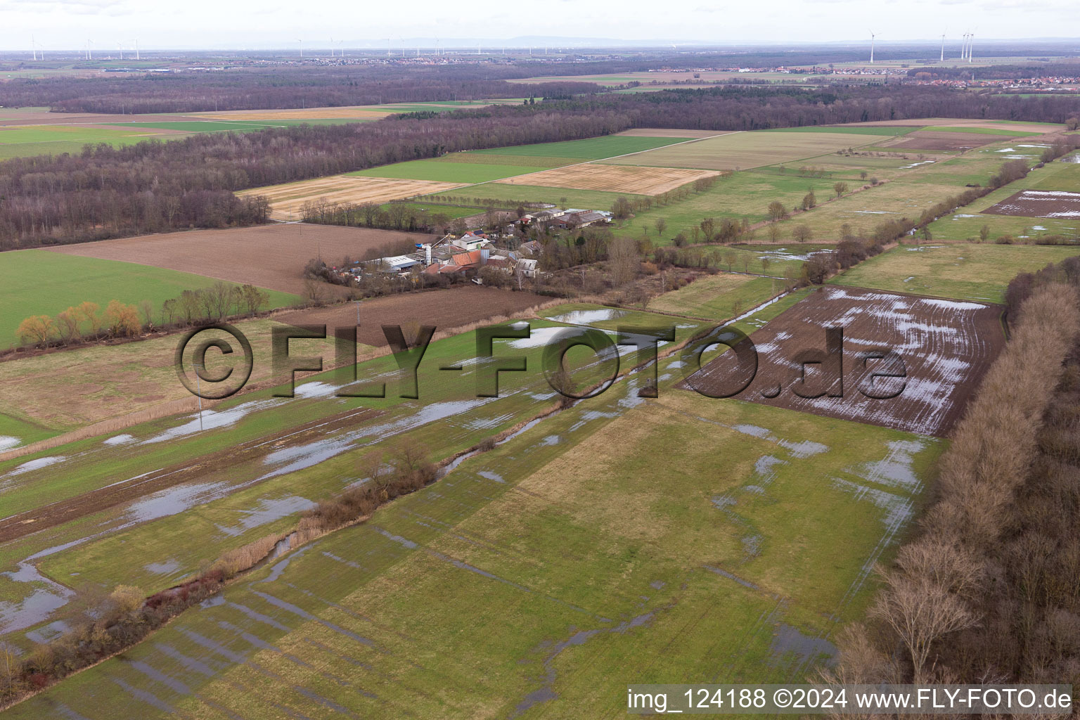 Oblique view of Flooded Bruchgraben, Buschurgraben, Flutgraben, Erlenbach in Steinweiler in the state Rhineland-Palatinate, Germany