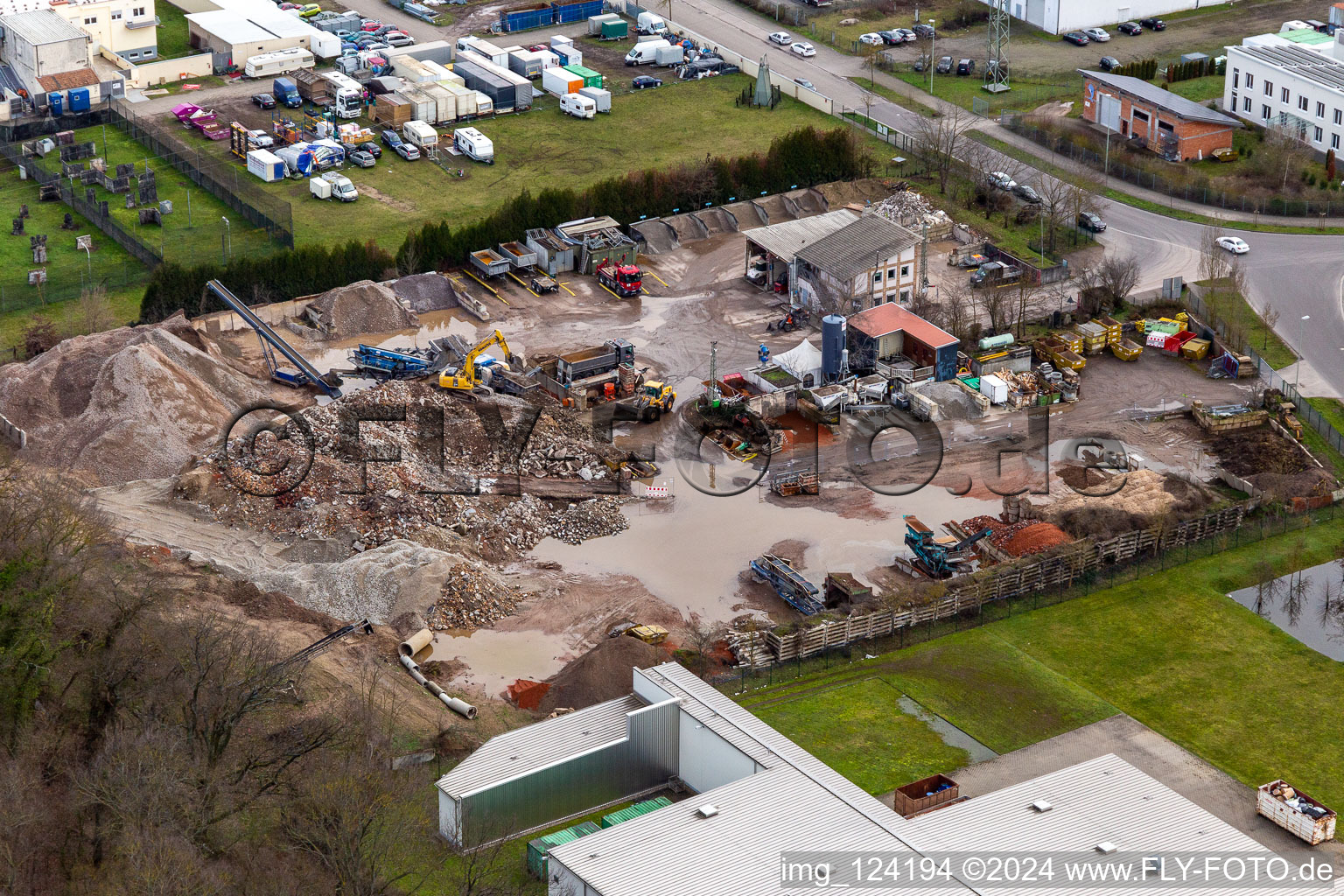 Aerial view of Fun recycling under water in the district Minderslachen in Kandel in the state Rhineland-Palatinate, Germany