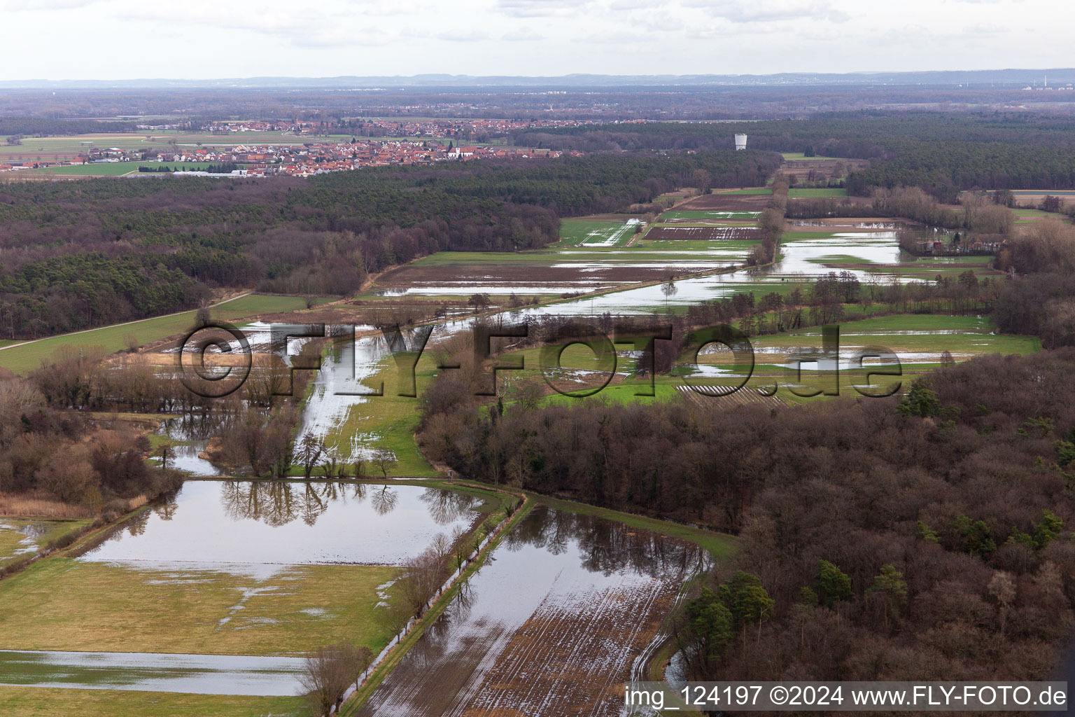 Aerial view of Riparian areas and flooded flood meadows of Polder Neupotz due to a river bed leading to flood levels of the Rhine river in Neupotz in the state Rhineland-Palatinate, Germany