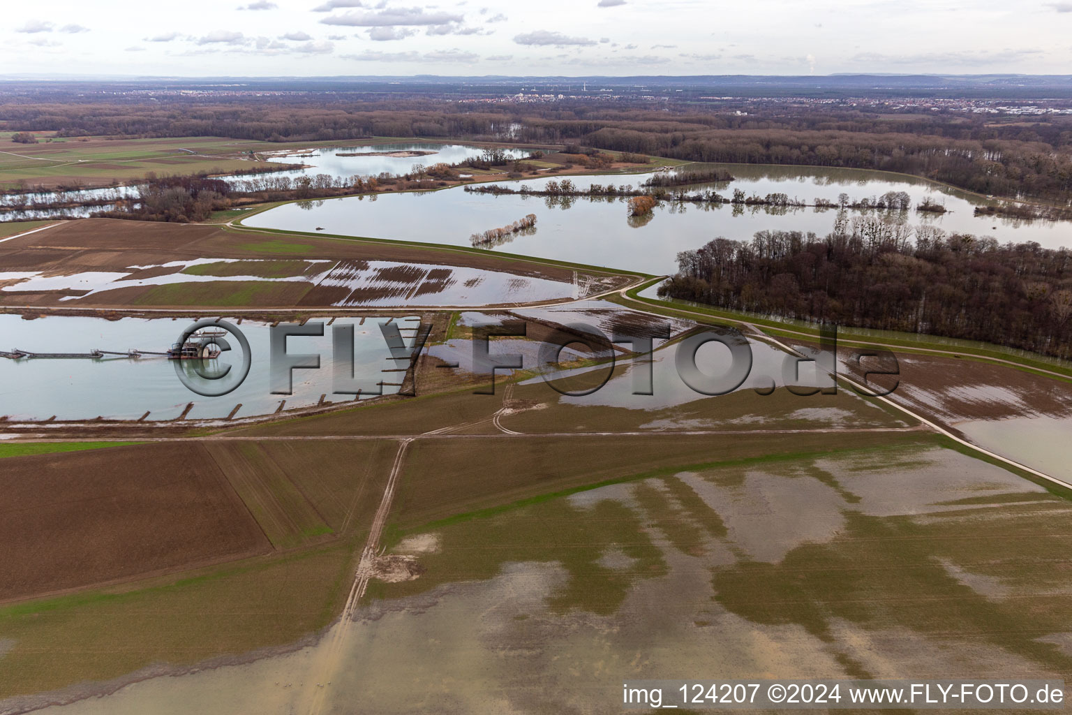 Riparian areas and flooded flood meadows of Polder Neupotz due to a river bed leading to flood levels of the Rhine river in Neupotz in the state Rhineland-Palatinate, Germany