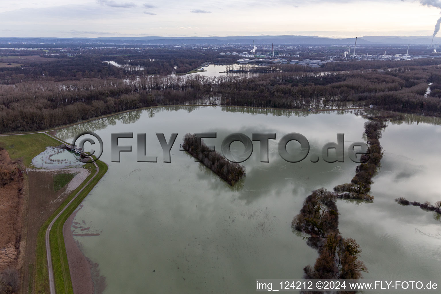 Aerial view of Riparian areas and flooded flood meadows of Polder Neupotz due to a river bed leading to flood levels of the Rhine river in Neupotz in the state Rhineland-Palatinate, Germany