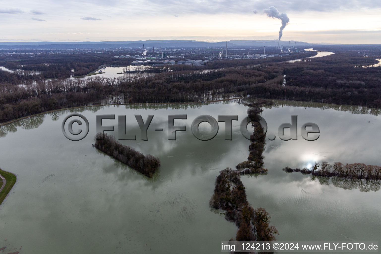 Aerial photograpy of Flooded Old Rhine / Polder Neupotz in Wörth am Rhein in the state Rhineland-Palatinate, Germany