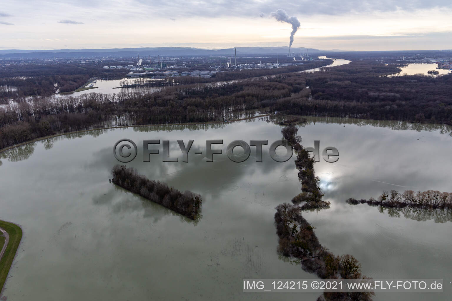 Aerial photograpy of Riparian areas and flooded flood meadows of Polder Neupotz due to a river bed leading to flood levels of the Rhine river in Neupotz in the state Rhineland-Palatinate, Germany