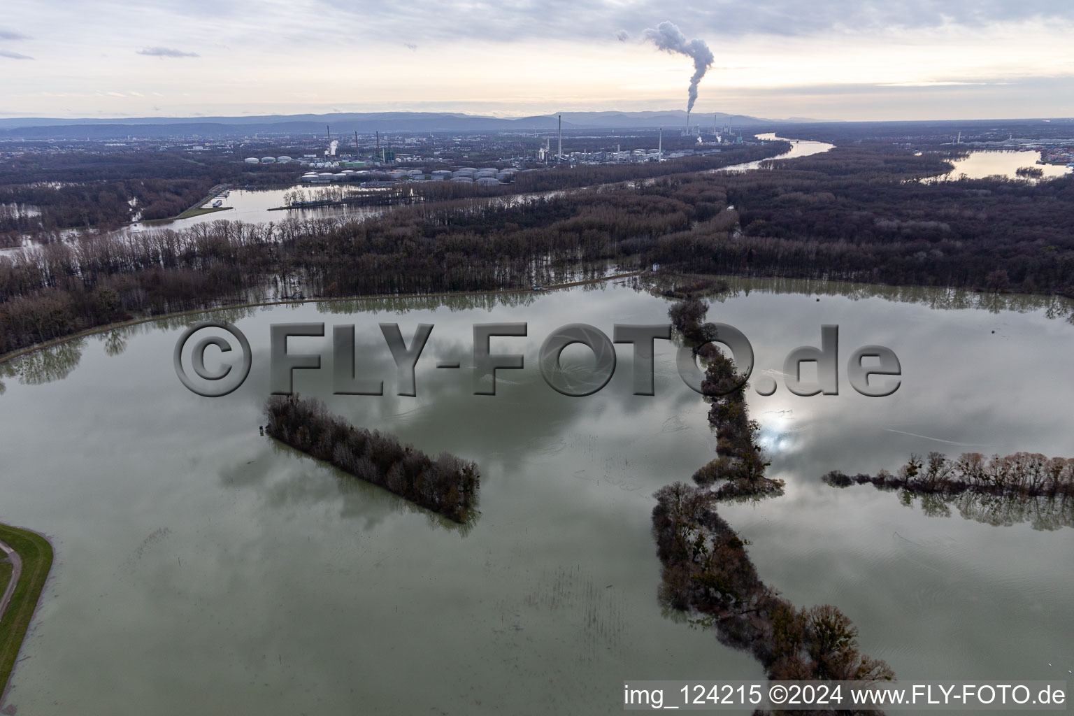 Aerial photograpy of Riparian areas and flooded flood meadows of Polder Neupotz due to a river bed leading to flood levels of the Rhine river in Neupotz in the state Rhineland-Palatinate, Germany