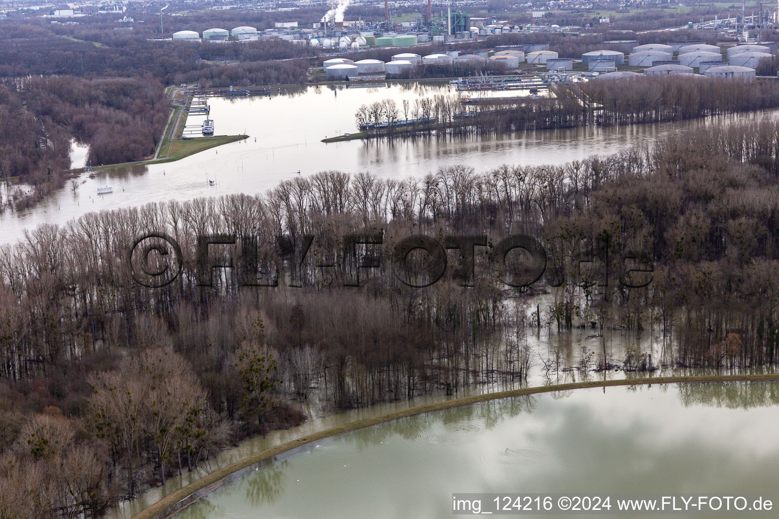 Quays and boat moorings at the port of the inland port Oelhafen when the Rhine floods in Karlsruhe in the state Baden-Wurttemberg, Germany