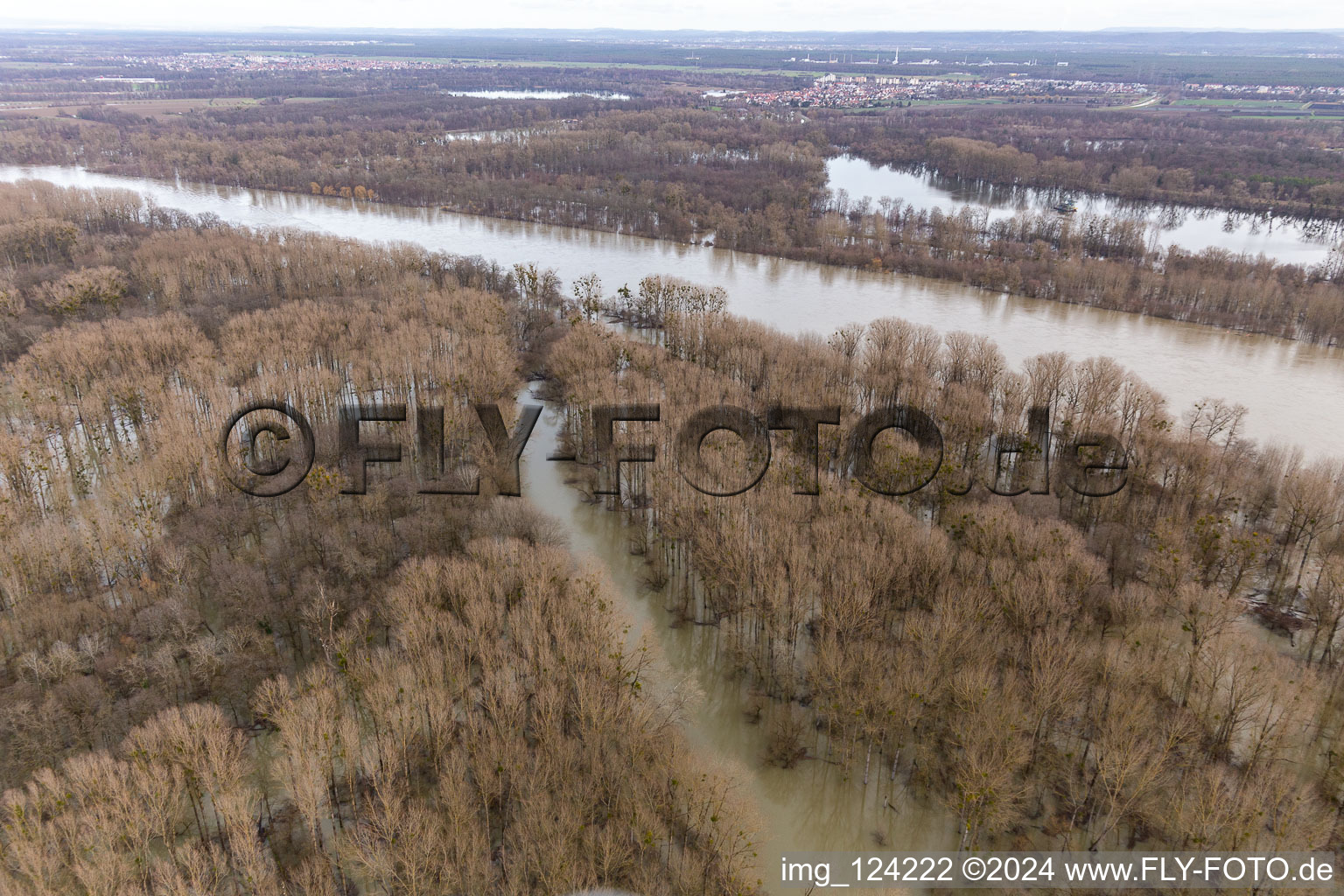 Aerial view of Flooded Rhine floodplains at the gorge in Neupotz in the state Rhineland-Palatinate, Germany