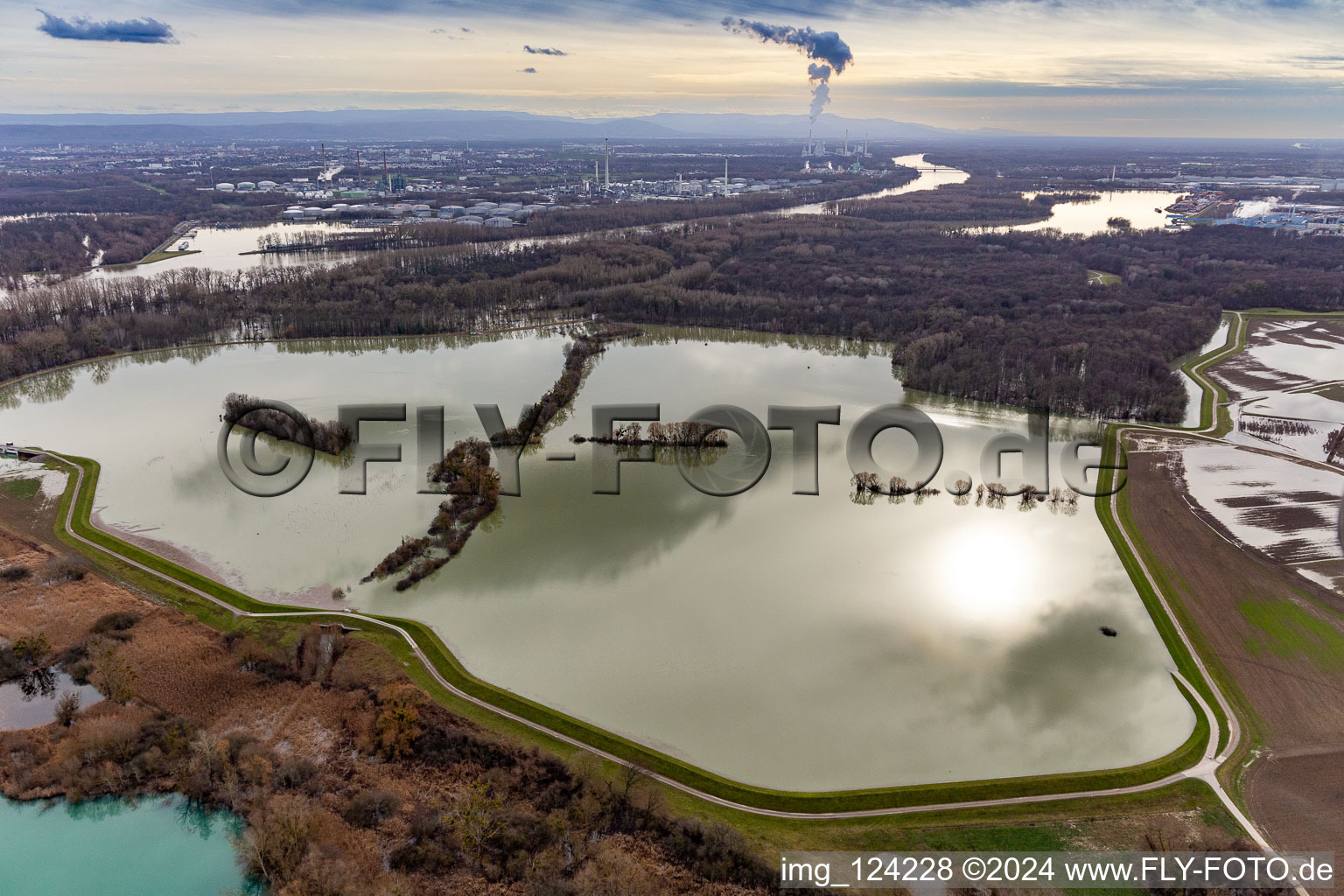 Aerial view of Riparian areas and flooded flood meadows of Polder Neupotz due to a river bed leading to flood levels of the Rhine river in Neupotz in the state Rhineland-Palatinate, Germany