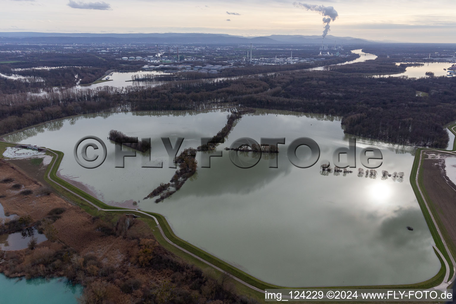 Aerial view of Flooded Old Rhine / Polder Neupotz in Neupotz in the state Rhineland-Palatinate, Germany