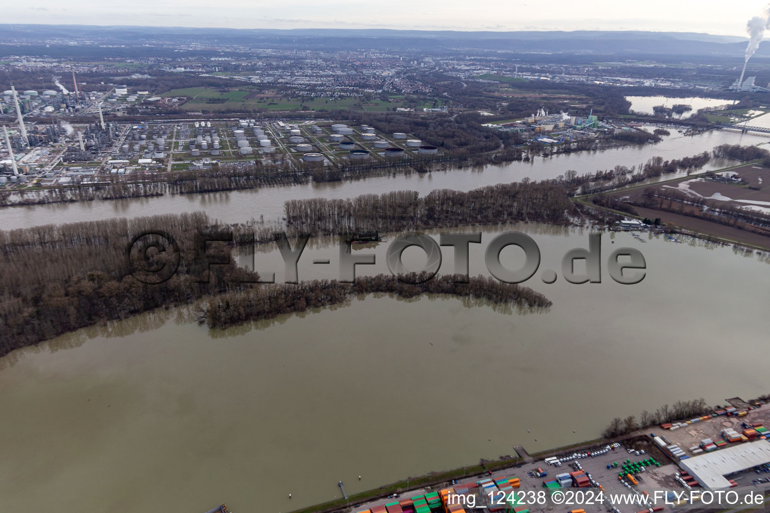 Aerial view of Dredger ship in the Wörth state harbor at high water in the district Maximiliansau in Wörth am Rhein in the state Rhineland-Palatinate, Germany
