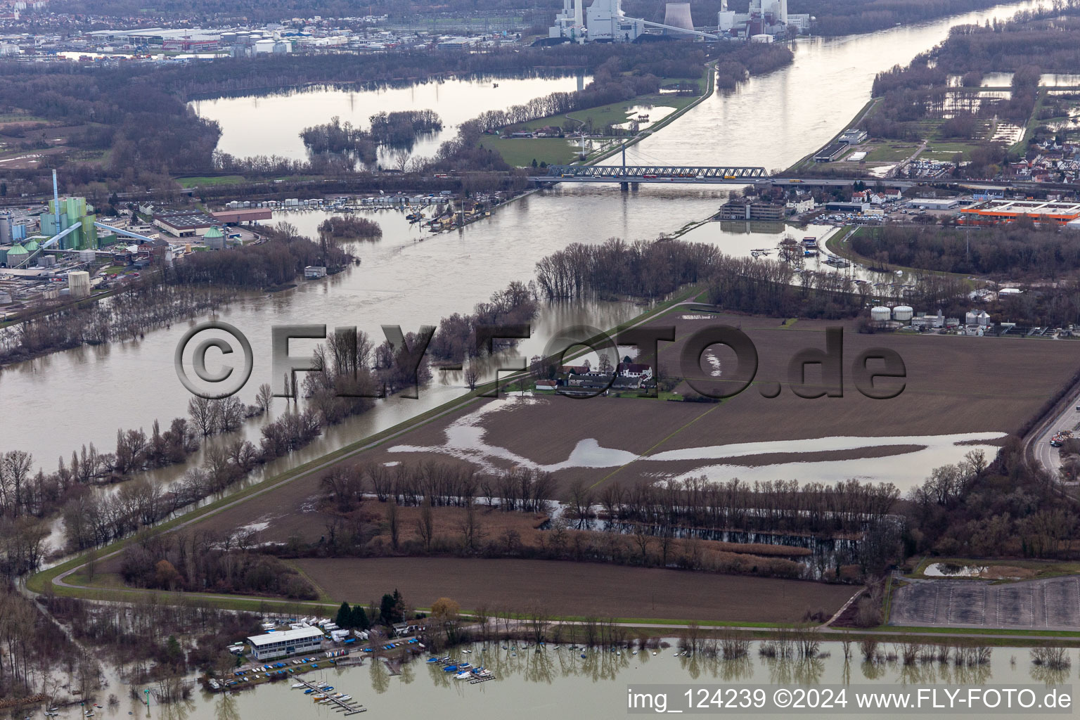 Hofgut Ludwigsau during Rhine floods in the district Maximiliansau in Wörth am Rhein in the state Rhineland-Palatinate, Germany