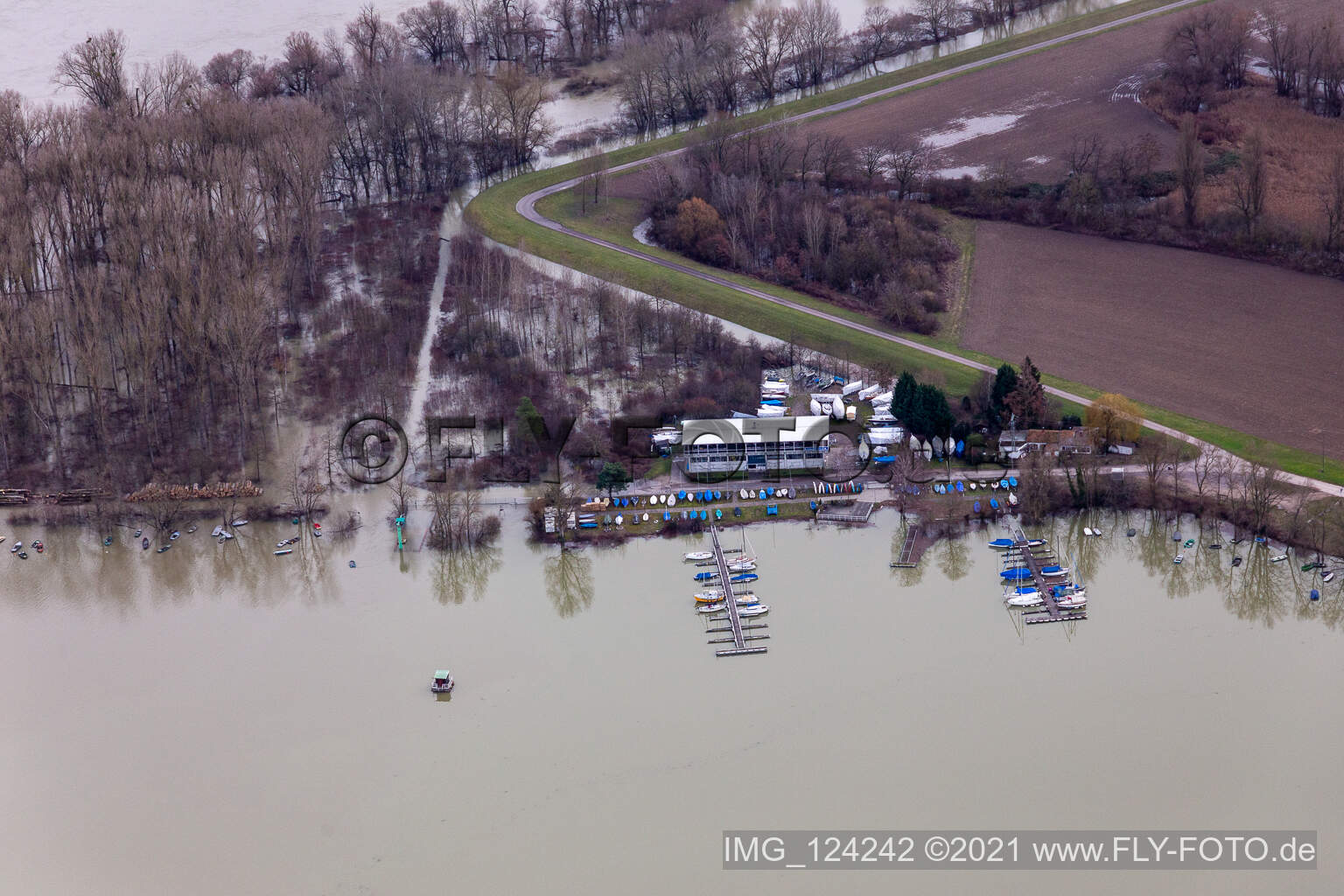 Sailing club RKC Wörth during flooding in the district Maximiliansau in Wörth am Rhein in the state Rhineland-Palatinate, Germany