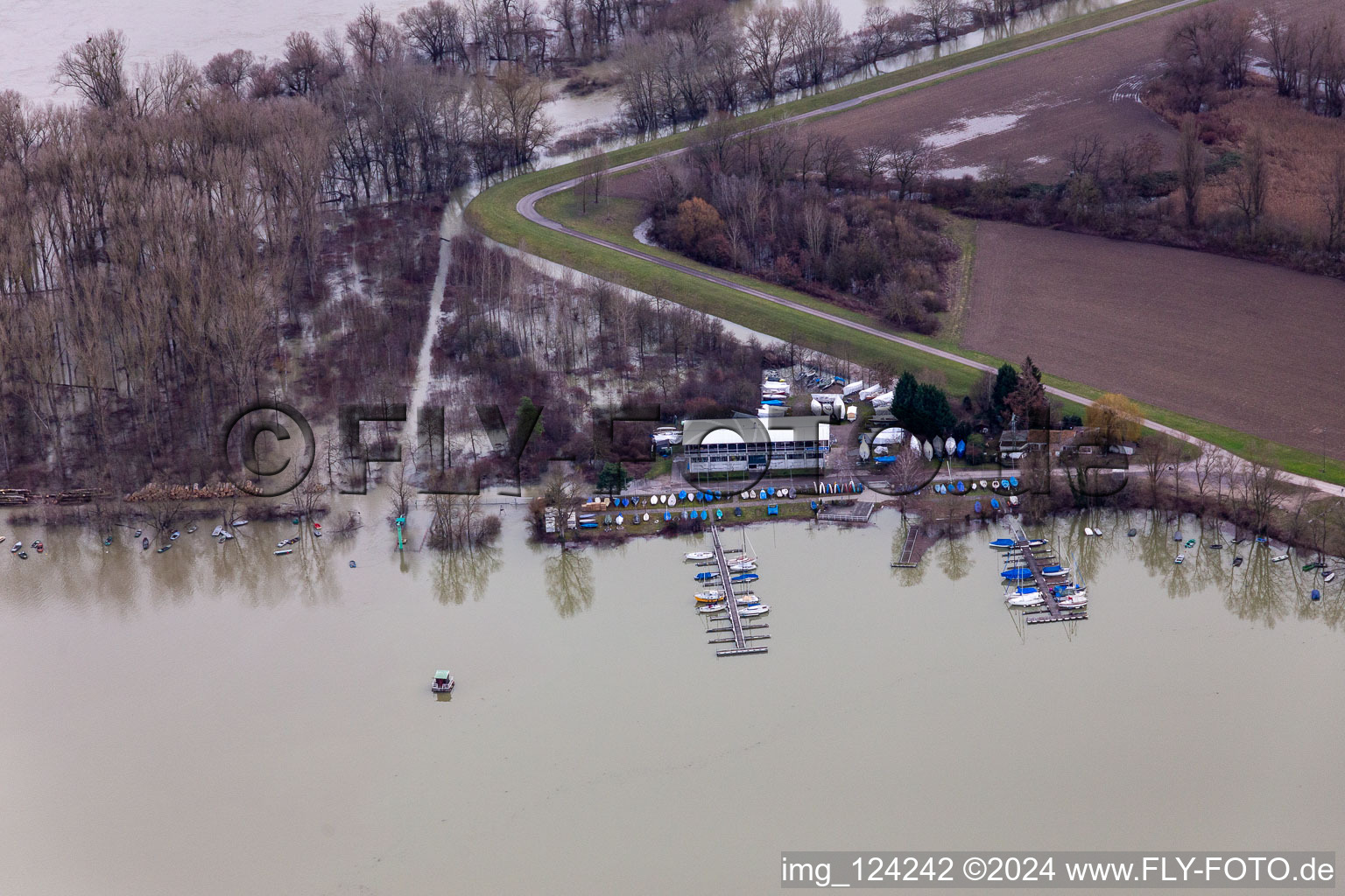 Sailing club RKC Wörth during flood in the district Maximiliansau in Wörth am Rhein in the state Rhineland-Palatinate, Germany