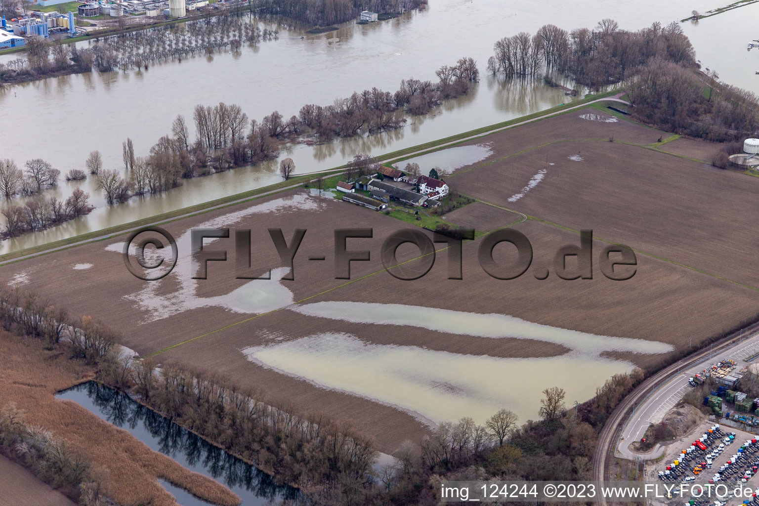 Homestead of a farm Hofgut Ludwigsau at Rhine flood in Woerth am Rhein in the state Rhineland-Palatinate, Germany