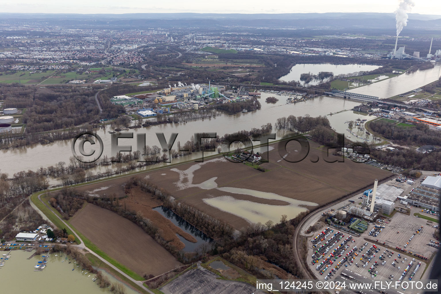 Aerial photograpy of Hofgut Ludwigsau during Rhine floods in the district Maximiliansau in Wörth am Rhein in the state Rhineland-Palatinate, Germany