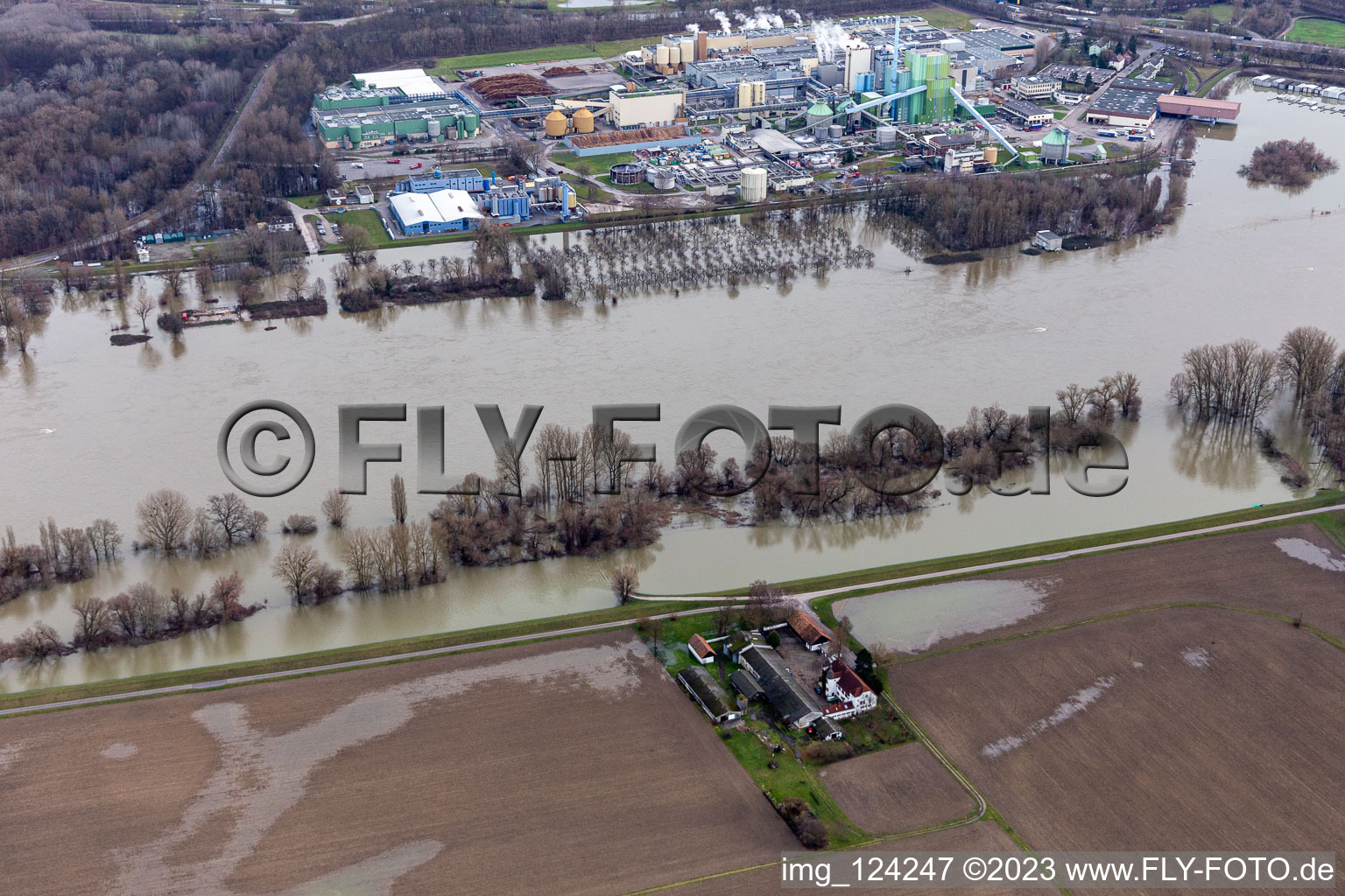 Aerial view of Homestead of a farm Hofgut Ludwigsau at Rhine flood in Woerth am Rhein in the state Rhineland-Palatinate, Germany