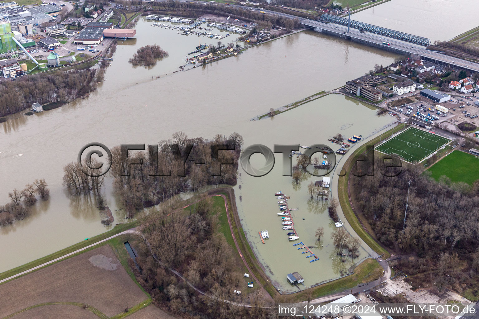 Port Maximiliansau at high water in the district Maximiliansau in Wörth am Rhein in the state Rhineland-Palatinate, Germany