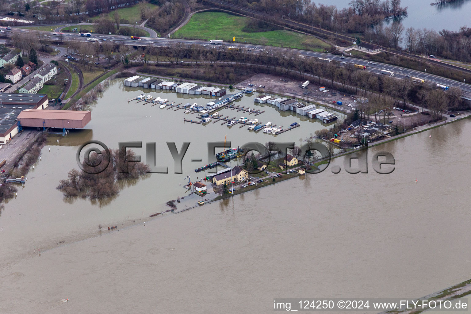 Yacht harbor motorboat club Karlsruhe eV during flood in the district Knielingen in Karlsruhe in the state Baden-Wuerttemberg, Germany