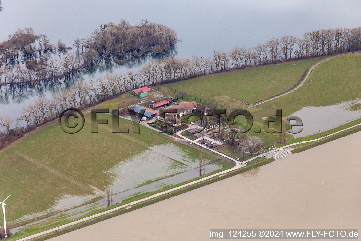 Homestead of a farm Hofgut Maxau Country inn / farm shop when the Rhine floods in Maxau in the state Baden-Wuerttemberg, Germany