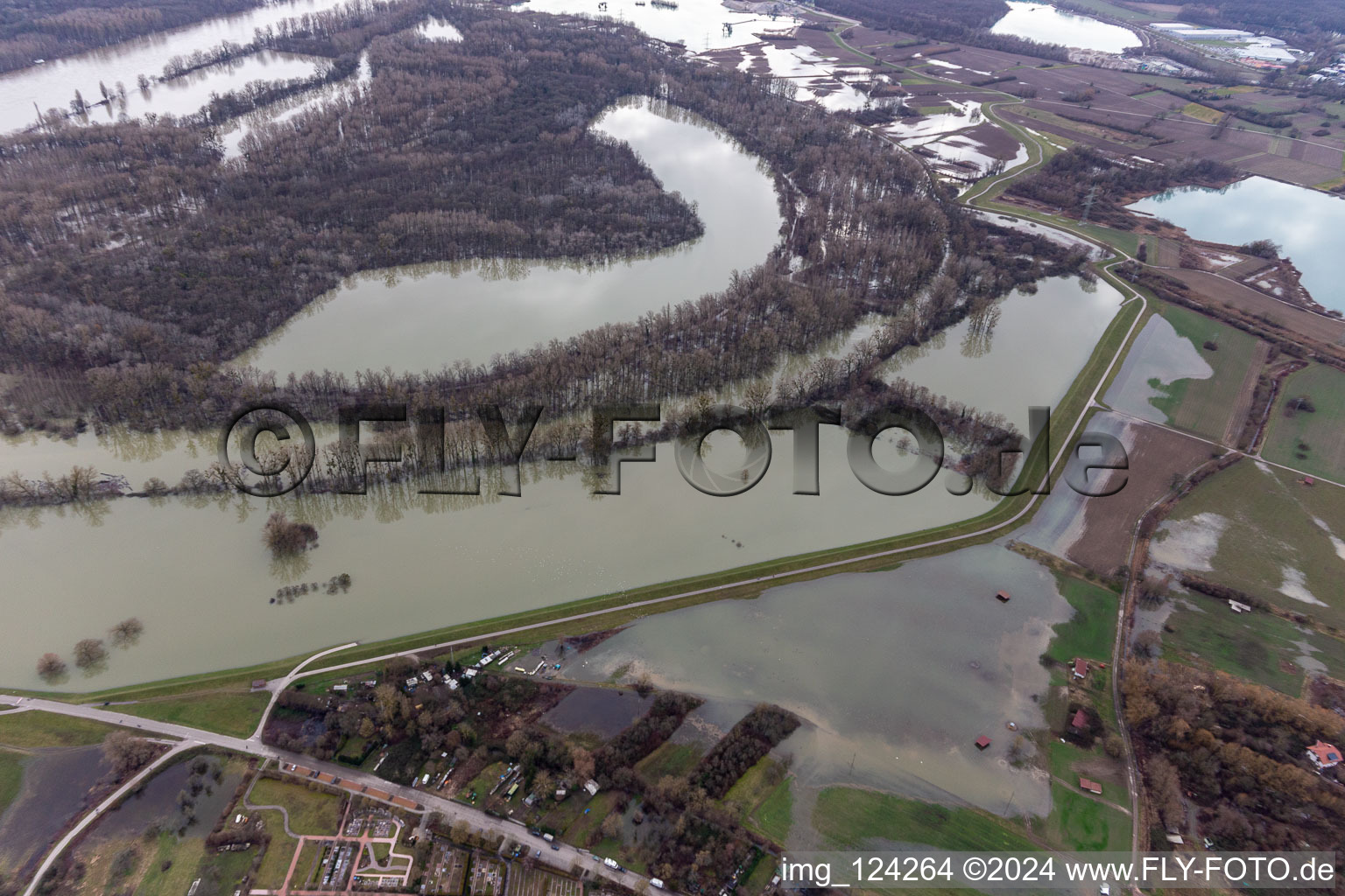 Aerial view of Floodplains and meadows landscape on the old Rhine of Hagenbachin front of the island of Nauas with gold ground when the Rhine floods in Maximiliansau in the state Rhineland-Palatinate, Germany